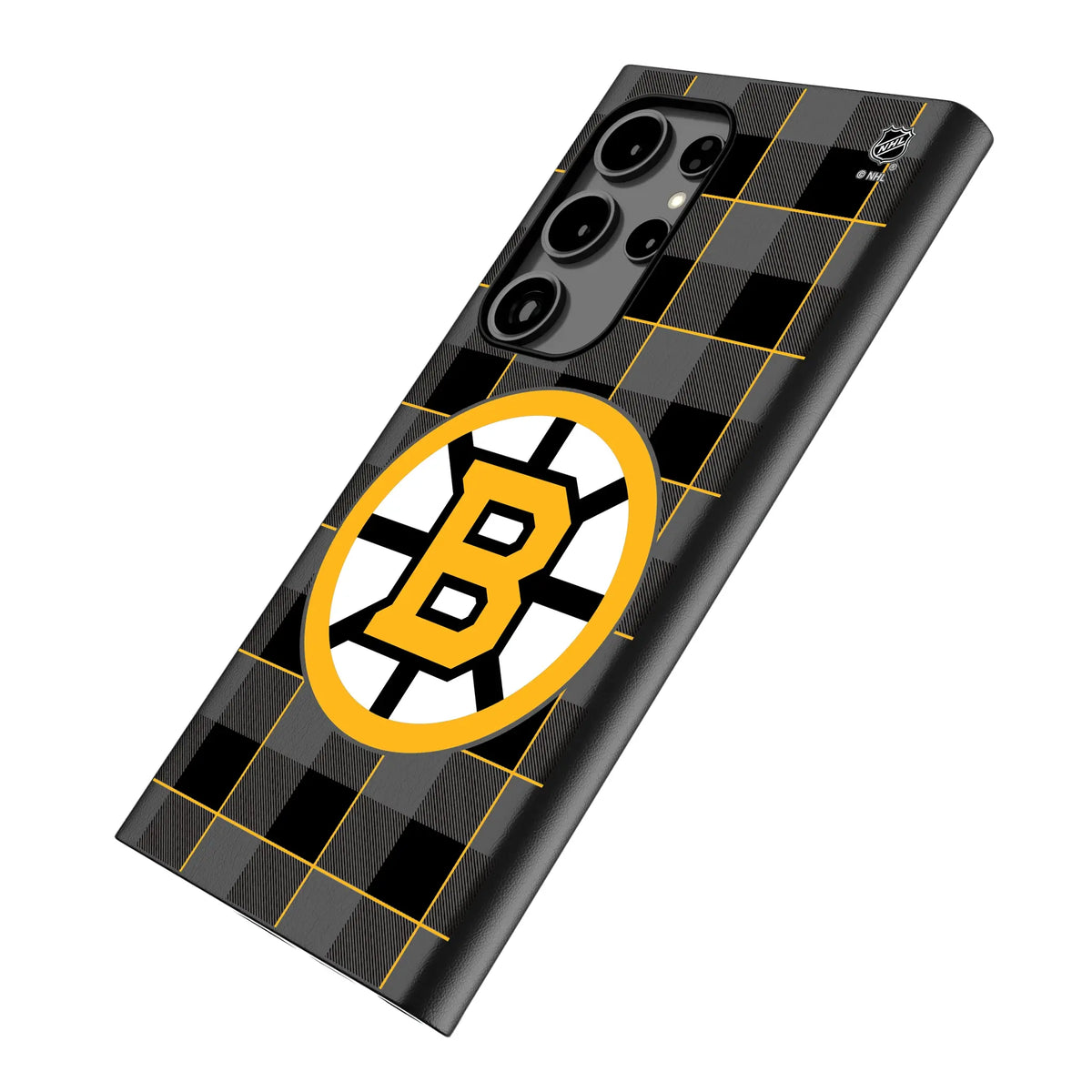 Boston Bruins Plaid Galaxy MagSafe Compatible Phone Case for Samsung Galaxy - Isometric View#Device_Galaxy S24 Ultra