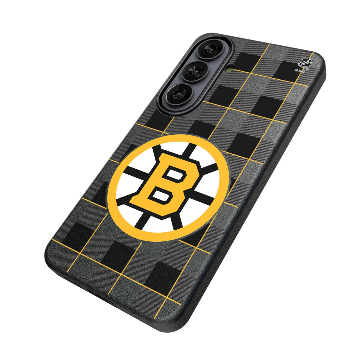 Boston Bruins Plaid Galaxy MagSafe Compatible Phone Case for Samsung Galaxy - Isometric View#Device_Galaxy S26