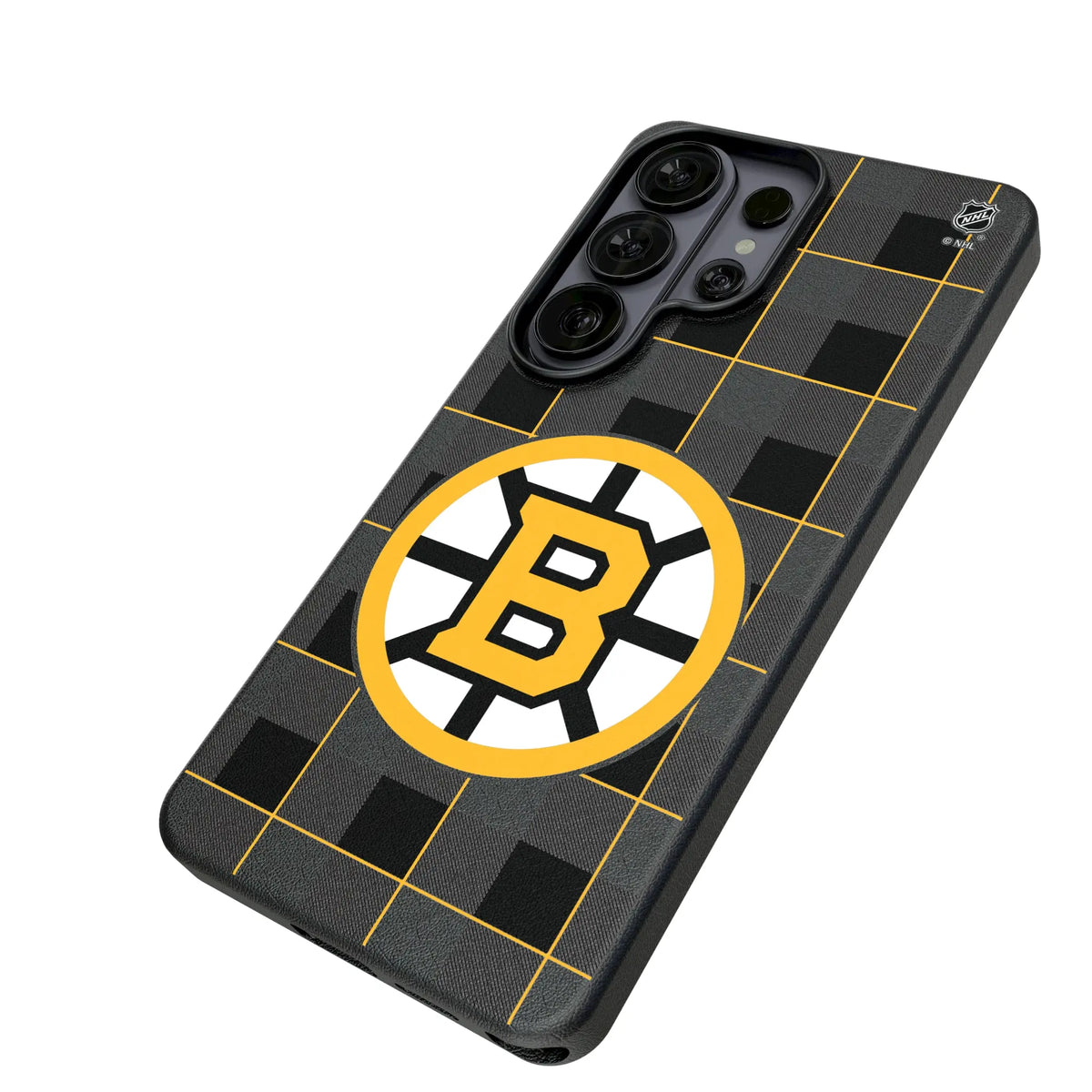 Boston Bruins Plaid Galaxy MagSafe Compatible Phone Case for Samsung Galaxy - Isometric View#Device_Galaxy S26 Ultra