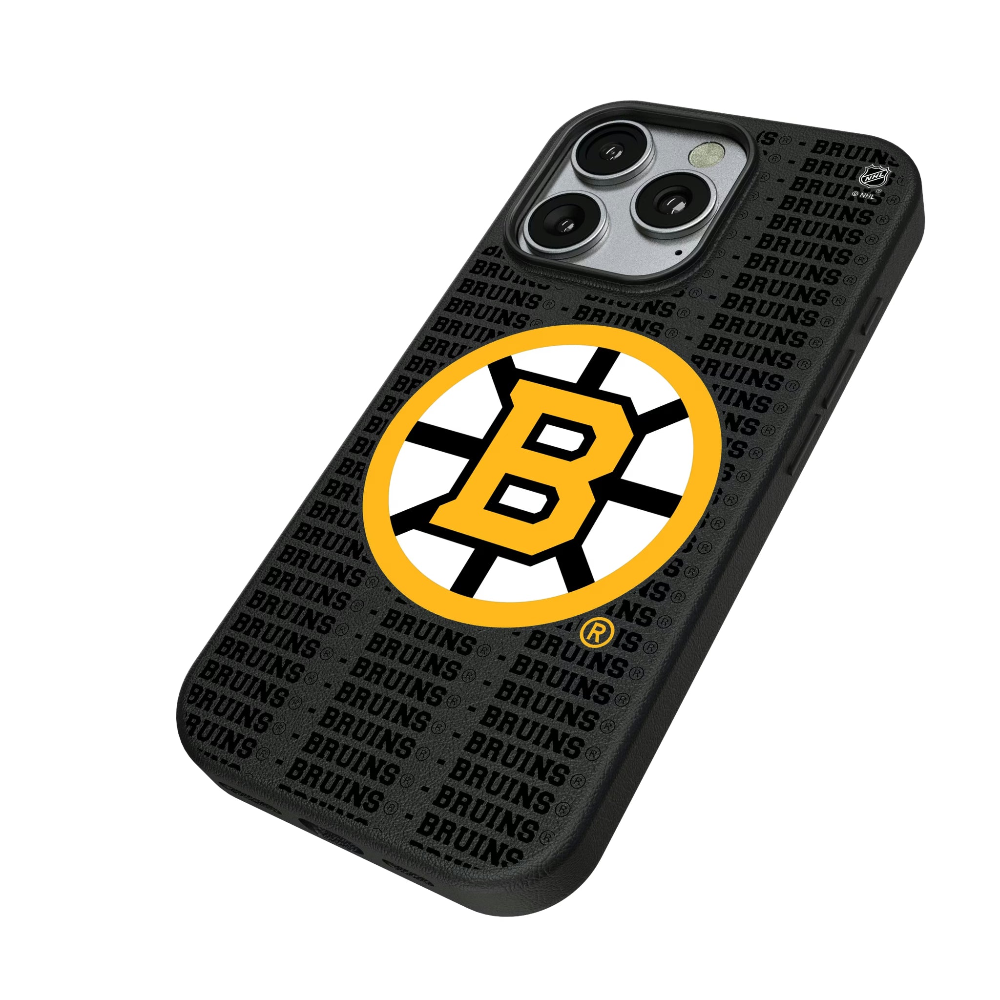Boston Bruins Text Backdrop iPhone MagSafe Compatible Phone Case for Apple iPhone - Isometric View