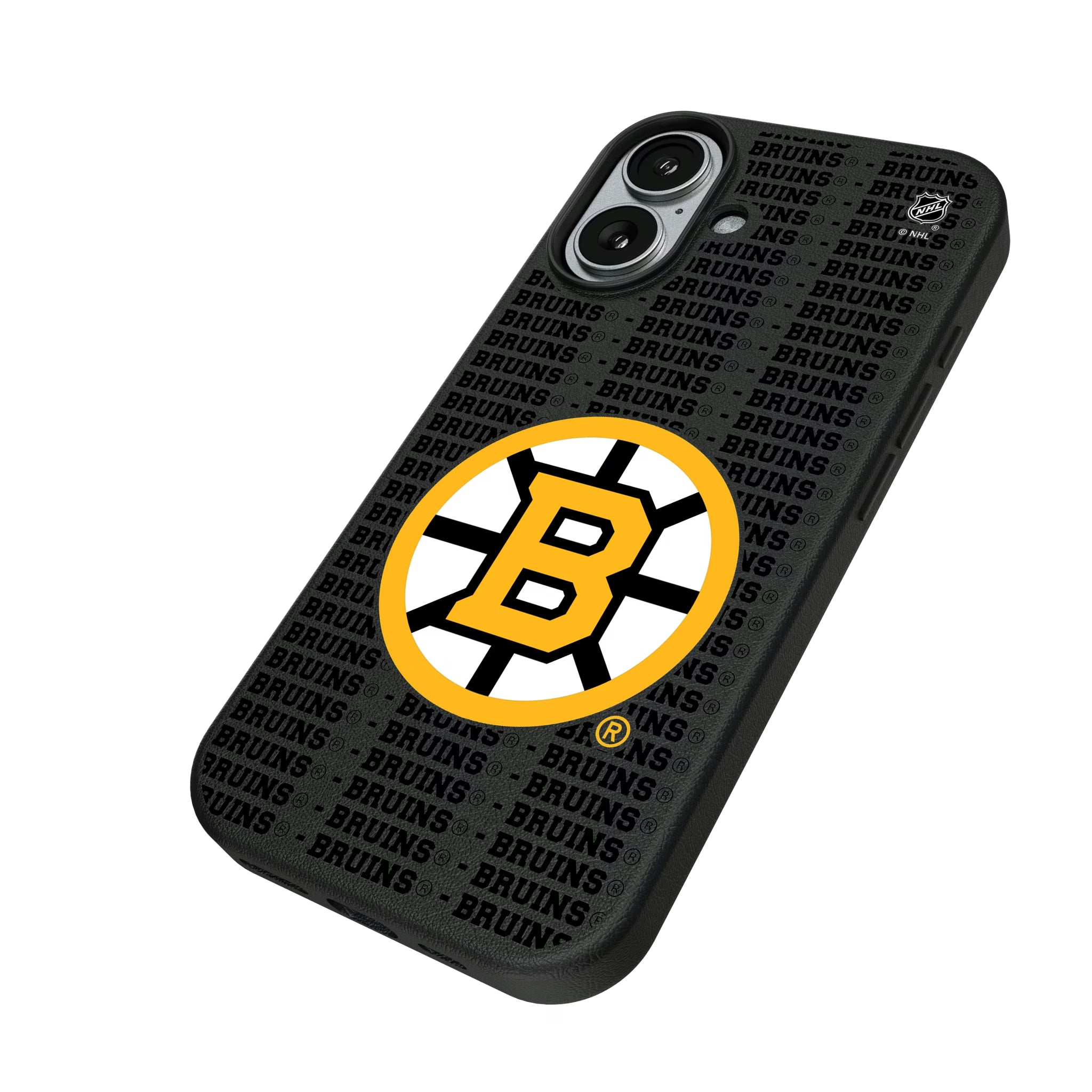 Boston Bruins Text Backdrop iPhone MagSafe Compatible Phone Case for Apple iPhone - Isometric View#Device_iPhone 17