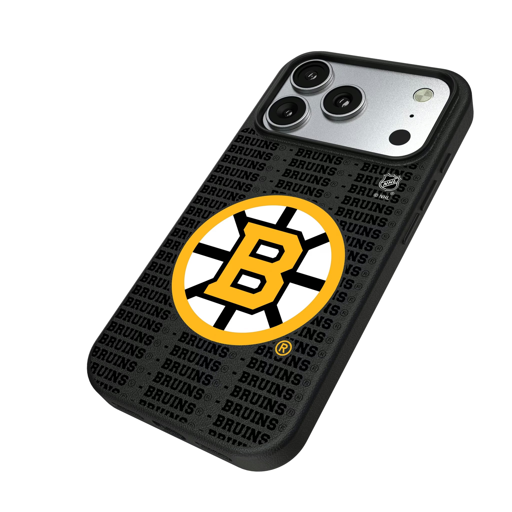 Boston Bruins Text Backdrop iPhone MagSafe Compatible Phone Case for Apple iPhone - Isometric View#Device_iPhone 17 Pro