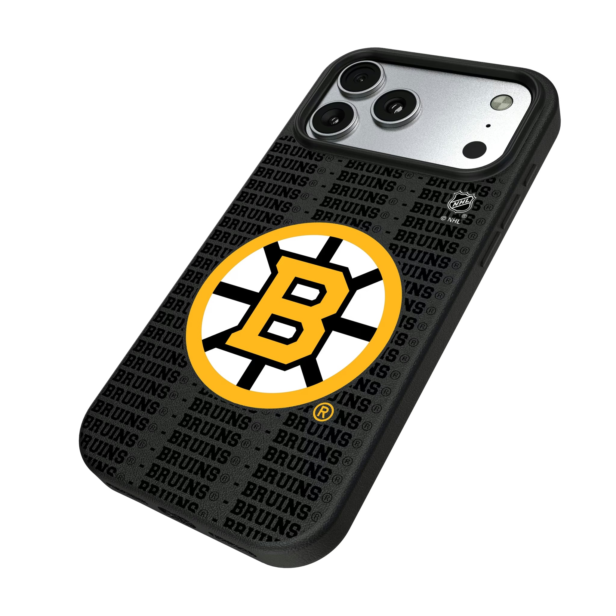 Boston Bruins Text Backdrop iPhone MagSafe Compatible Phone Case for Apple iPhone - Isometric View#Device_iPhone 17 Pro Max