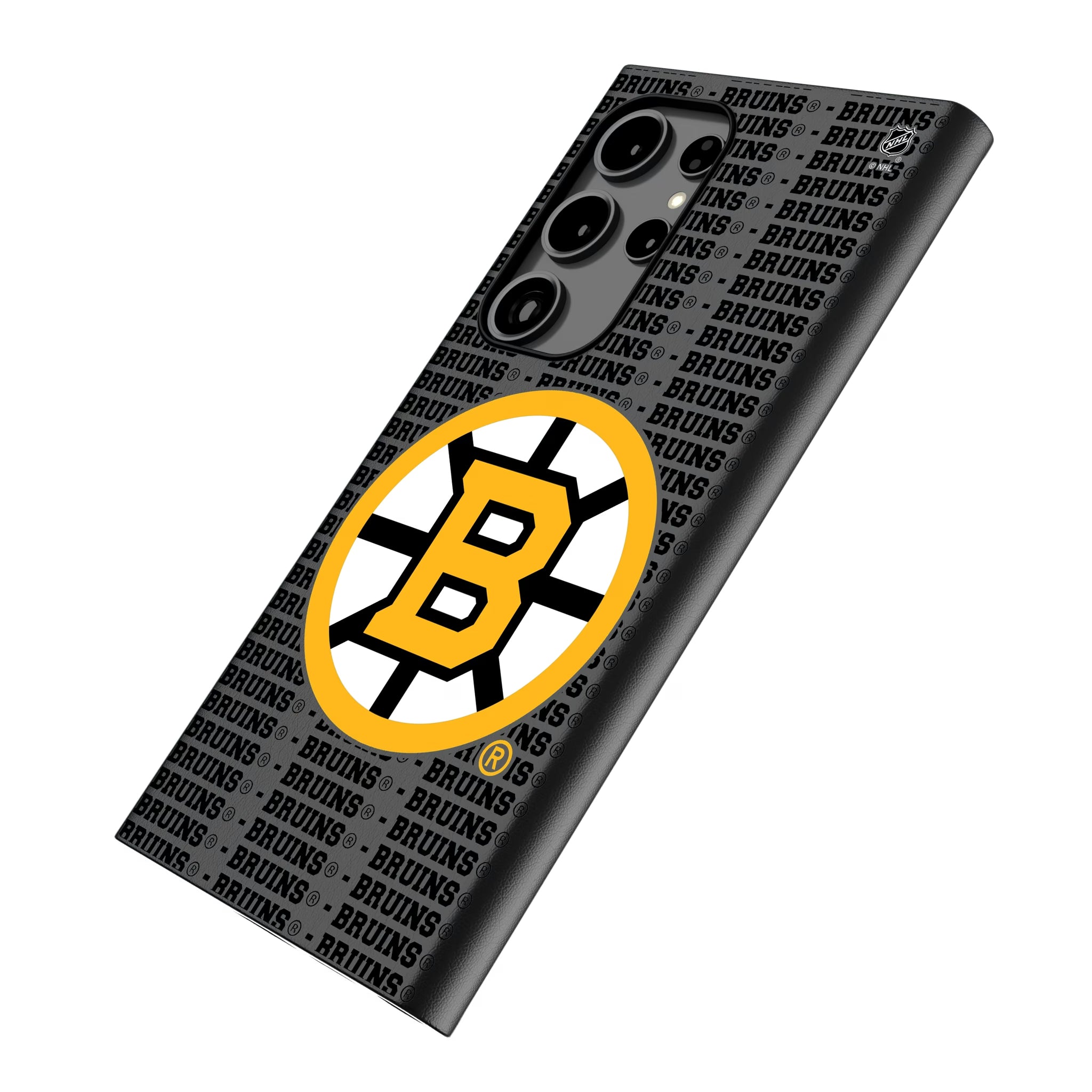 Boston Bruins Text Backdrop Galaxy MagSafe Compatible Phone Case for Samsung Galaxy - Isometric View