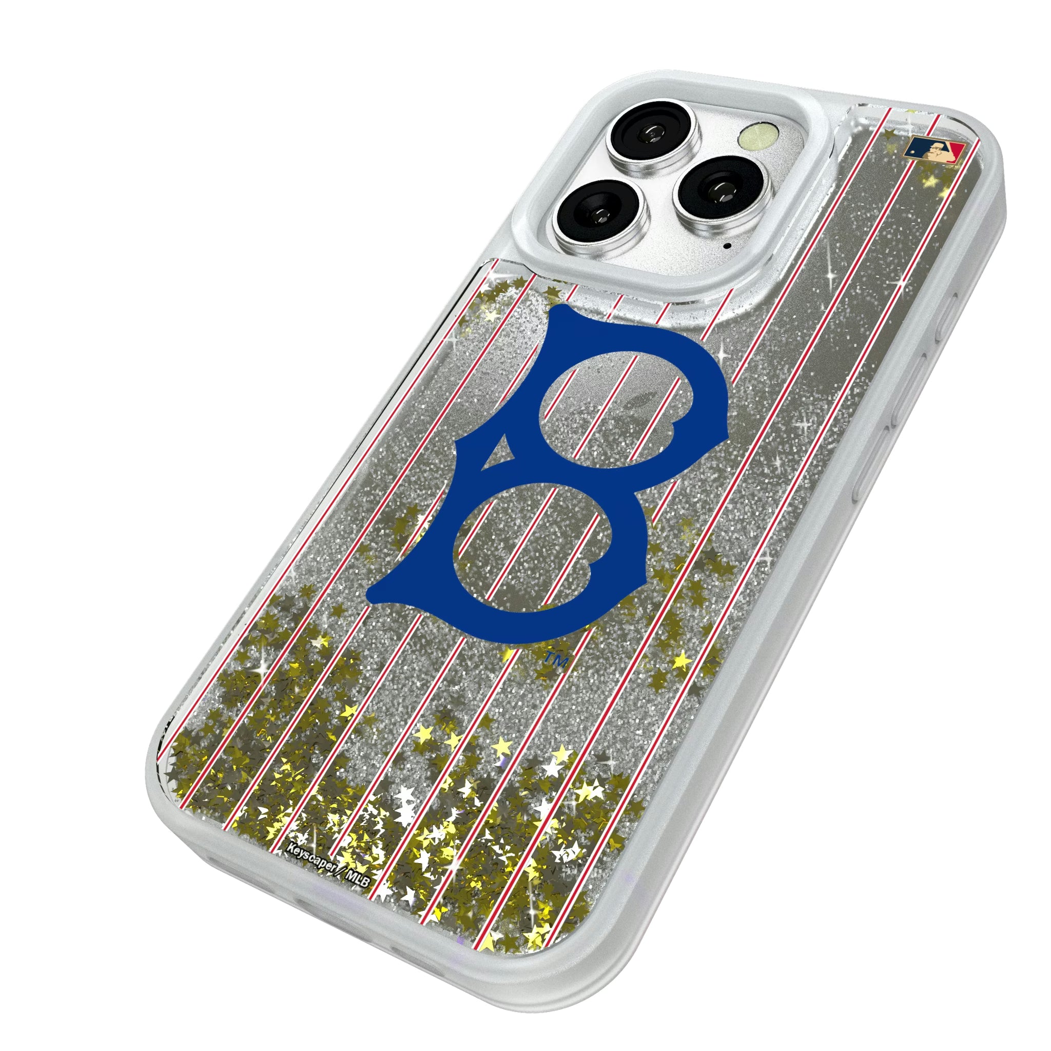 Brooklyn Dodgers 1949-1957 - Cooperstown Collection Pinstripe iPhone Glitter Phone Case for Apple iPhone - Isometric View#Device_iPhone 16 Pro