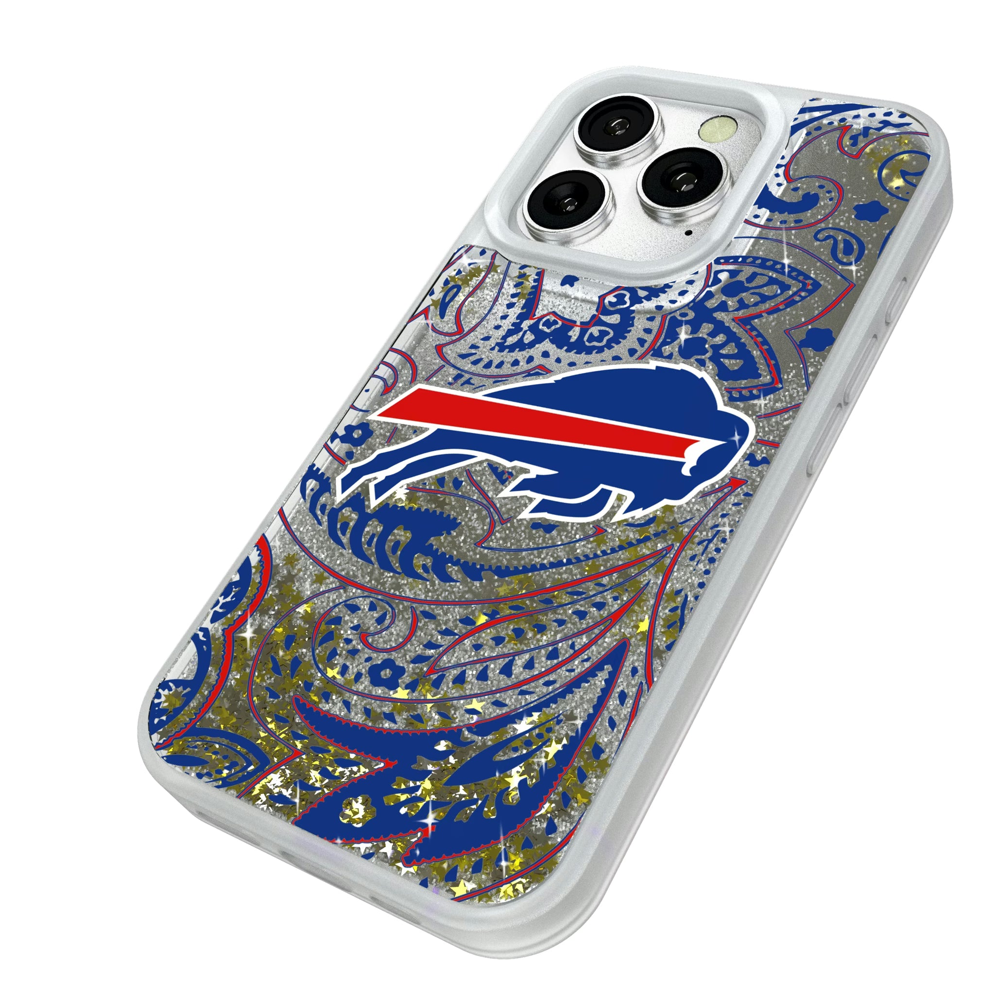 Buffalo Bills Paisley iPhone Glitter Phone Case for Apple iPhone - Isometric View#Device_iPhone 16 Pro