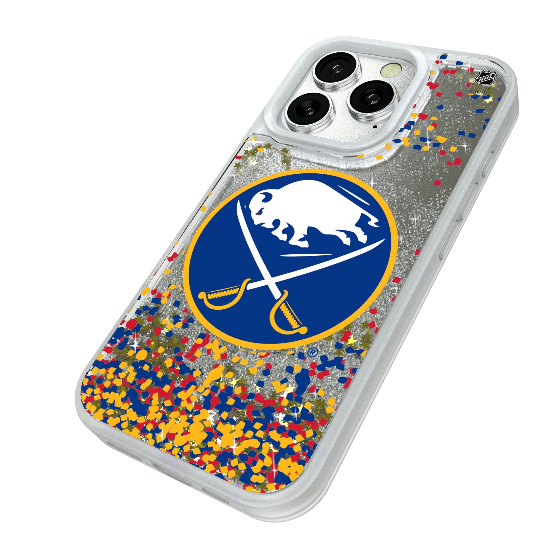 Buffalo Sabres Confetti iPhone Glitter Phone Case for Apple iPhone - Isometric View#Device_iPhone 16 Pro