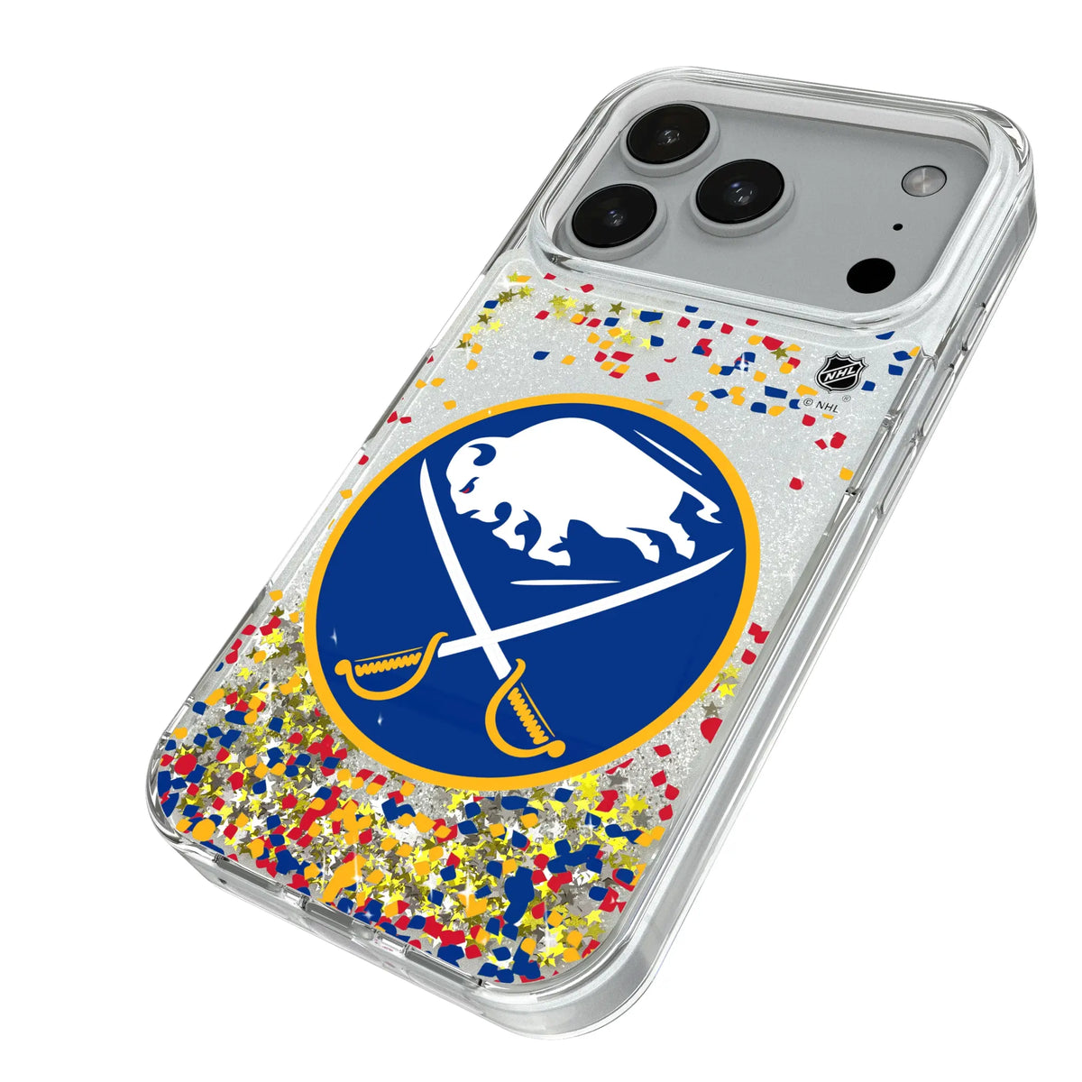 Buffalo Sabres Confetti iPhone Glitter Phone Case for Apple iPhone - Isometric View#Device_iPhone 18 Pro