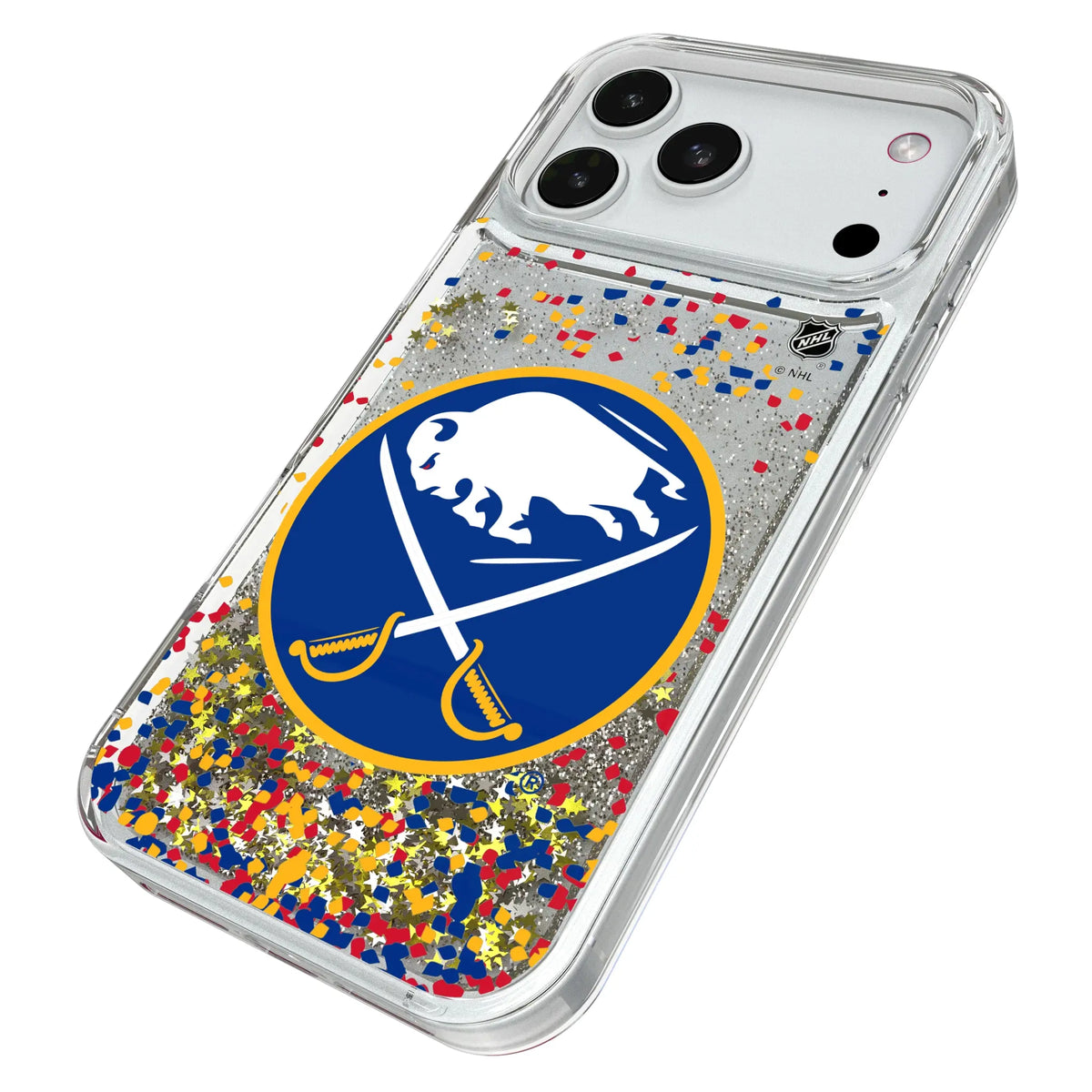 Buffalo Sabres Confetti iPhone Glitter Phone Case for Apple iPhone - Isometric View#Device_iPhone 18 Pro Max