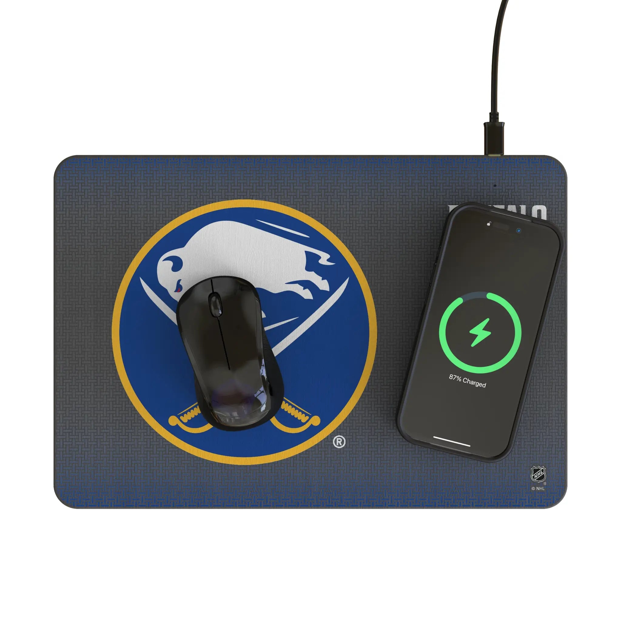 Buffalo Sabres Linen 15-Watt Wireless Charger and Mouse Pad - Lifestyle