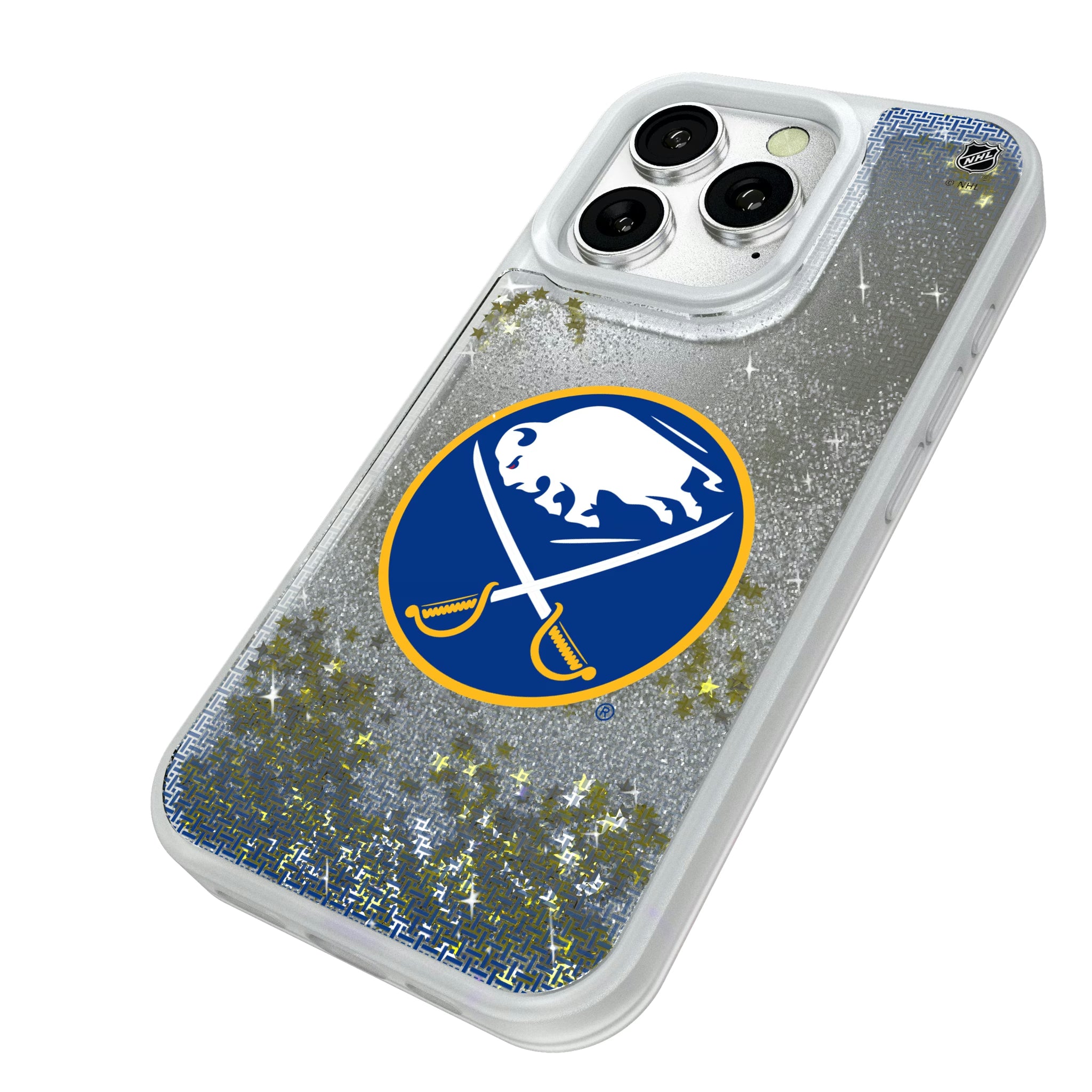 Buffalo Sabres Linen iPhone Glitter Phone Case for Apple iPhone - Isometric View#Device_iPhone 16 Pro