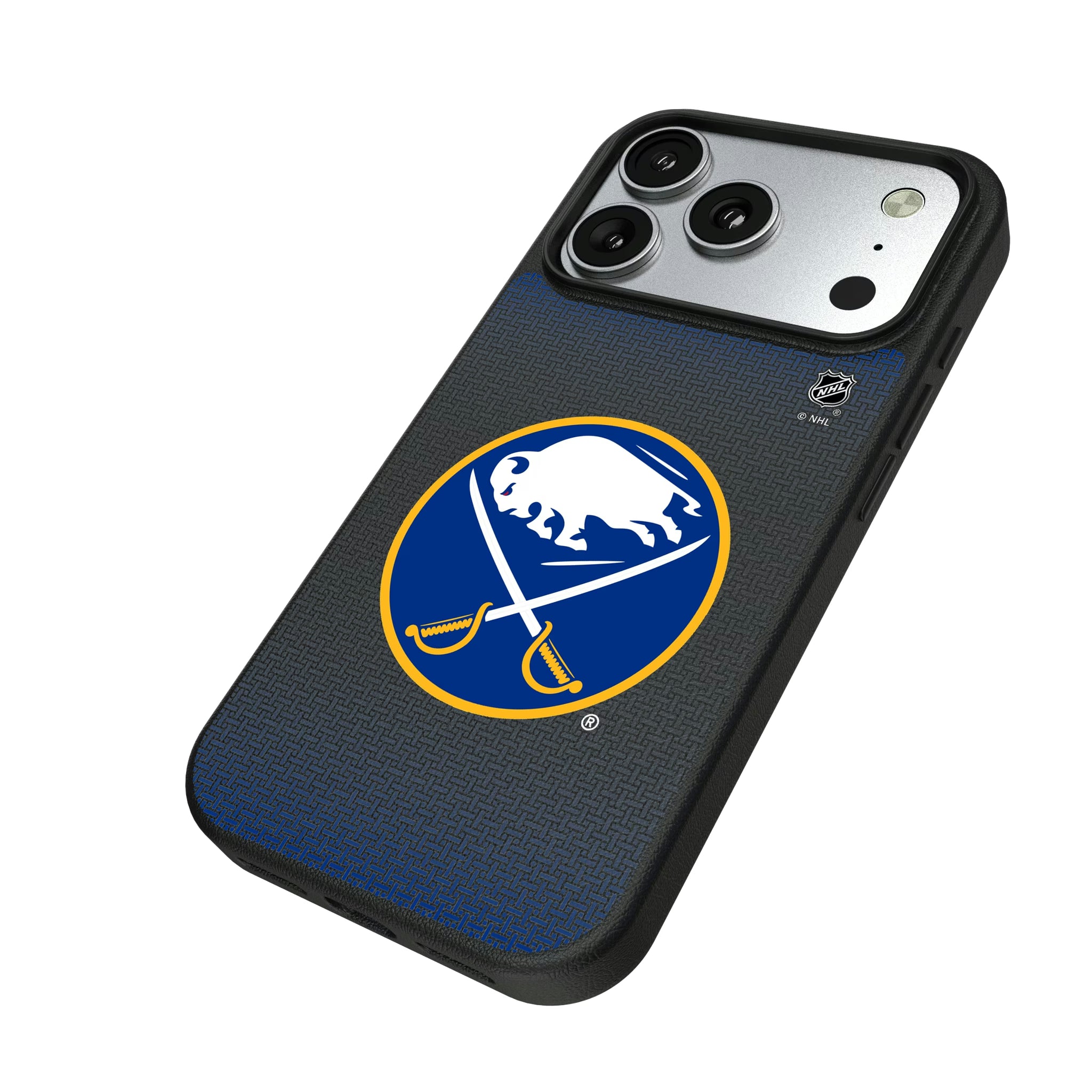 Buffalo Sabres Linen iPhone MagSafe Compatible Phone Case for Apple iPhone - Isometric View#Device_iPhone 17 Pro
