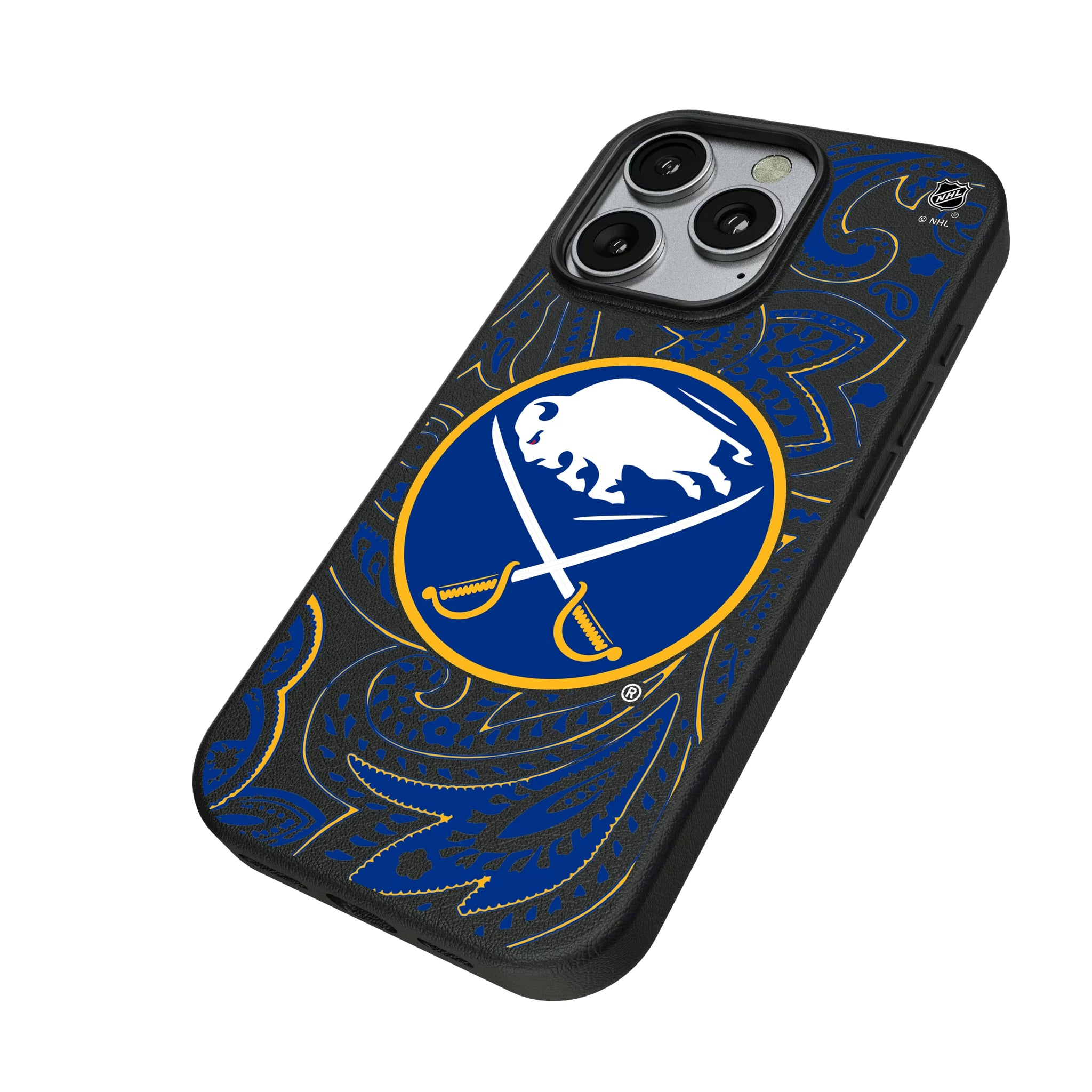 Buffalo Sabres Paisley iPhone MagSafe Compatible Phone Case for Apple iPhone - Isometric View