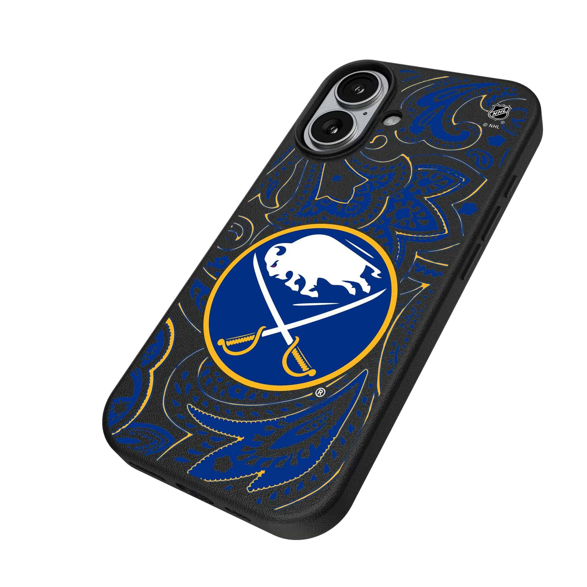 Buffalo Sabres Paisley iPhone MagSafe Compatible Phone Case for Apple iPhone - Isometric View#Device_iPhone 17