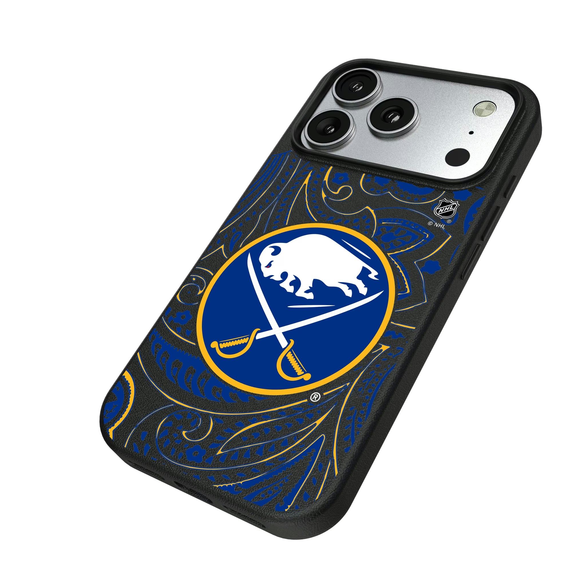 Buffalo Sabres Paisley iPhone MagSafe Compatible Phone Case for Apple iPhone - Isometric View#Device_iPhone 17 Pro