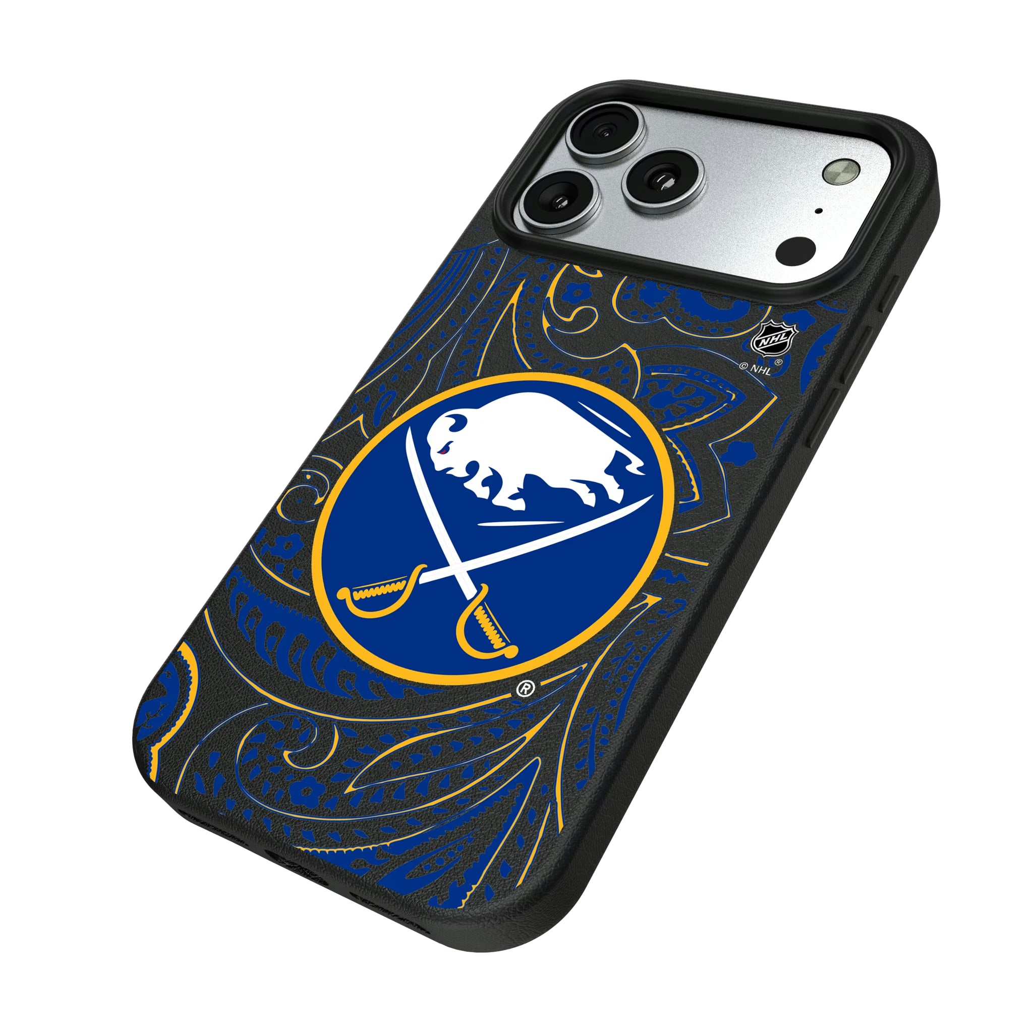 Buffalo Sabres Paisley iPhone MagSafe Compatible Phone Case for Apple iPhone - Isometric View#Device_iPhone 17 Pro Max