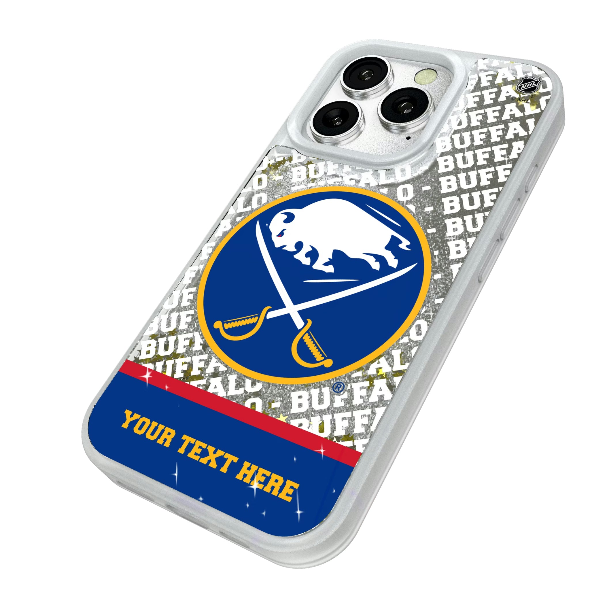 Buffalo Sabres Personalized EndZone Plus iPhone Glitter Phone Case for Apple iPhone - Isometric View#Device_iPhone 16 Pro