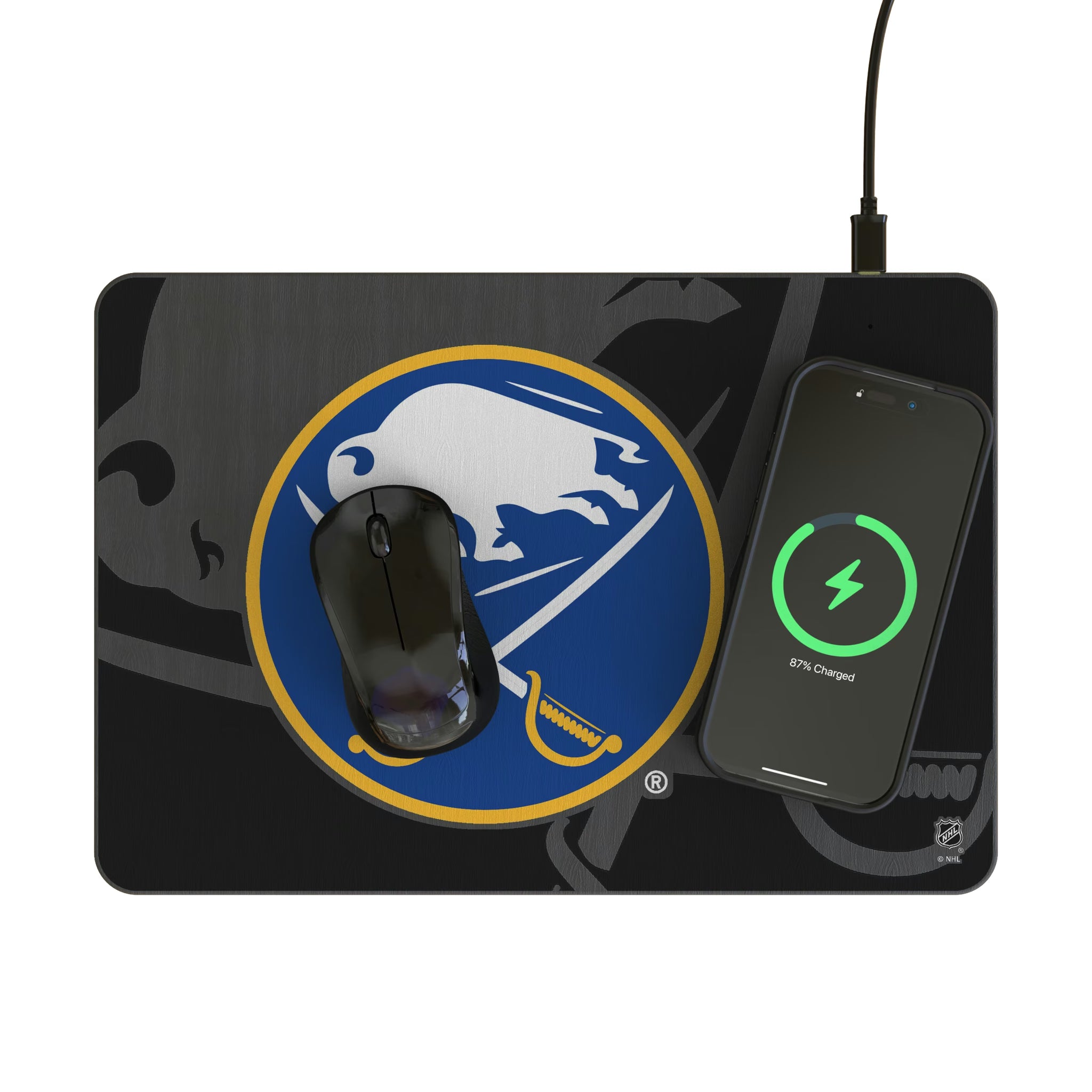 Buffalo Sabres Personalized Tilt 15-Watt Wireless Charger and Mouse Pad - Lifestyle