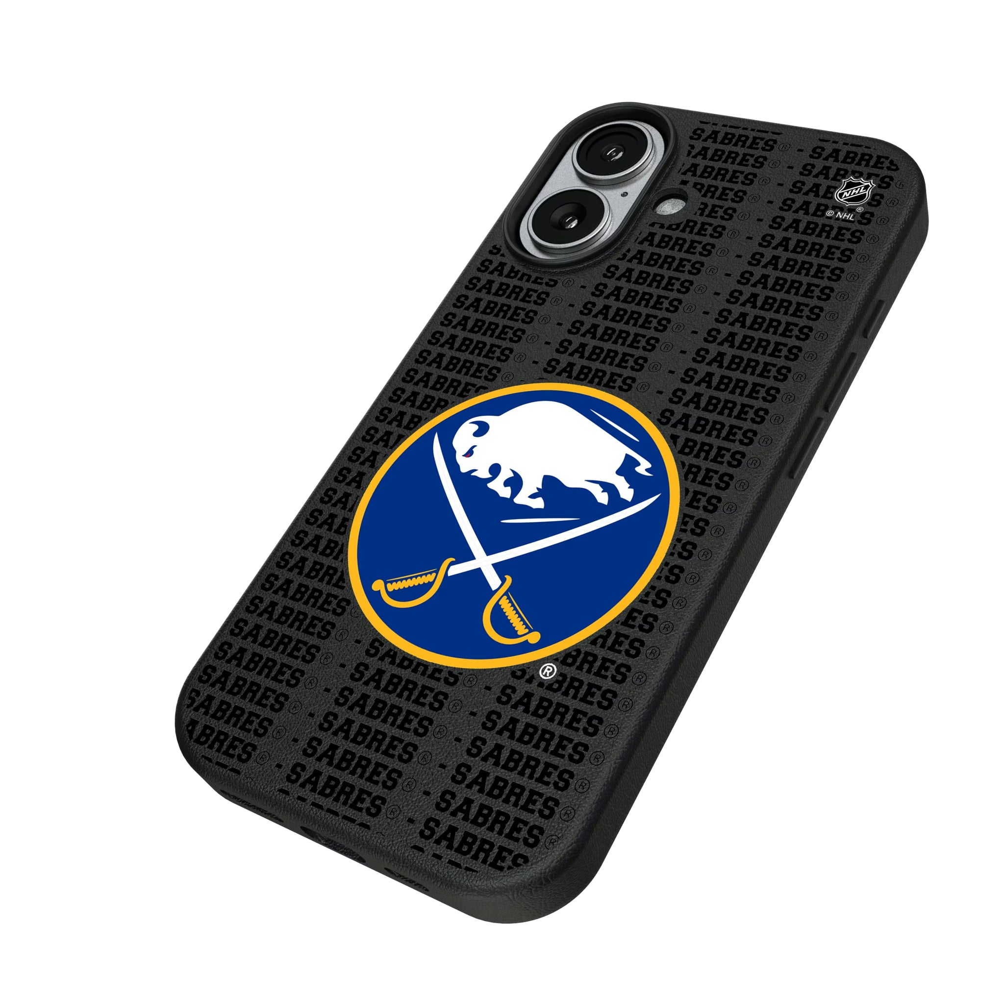 Buffalo Sabres Text Backdrop iPhone MagSafe Compatible Phone Case for Apple iPhone - Isometric View#Device_iPhone 17