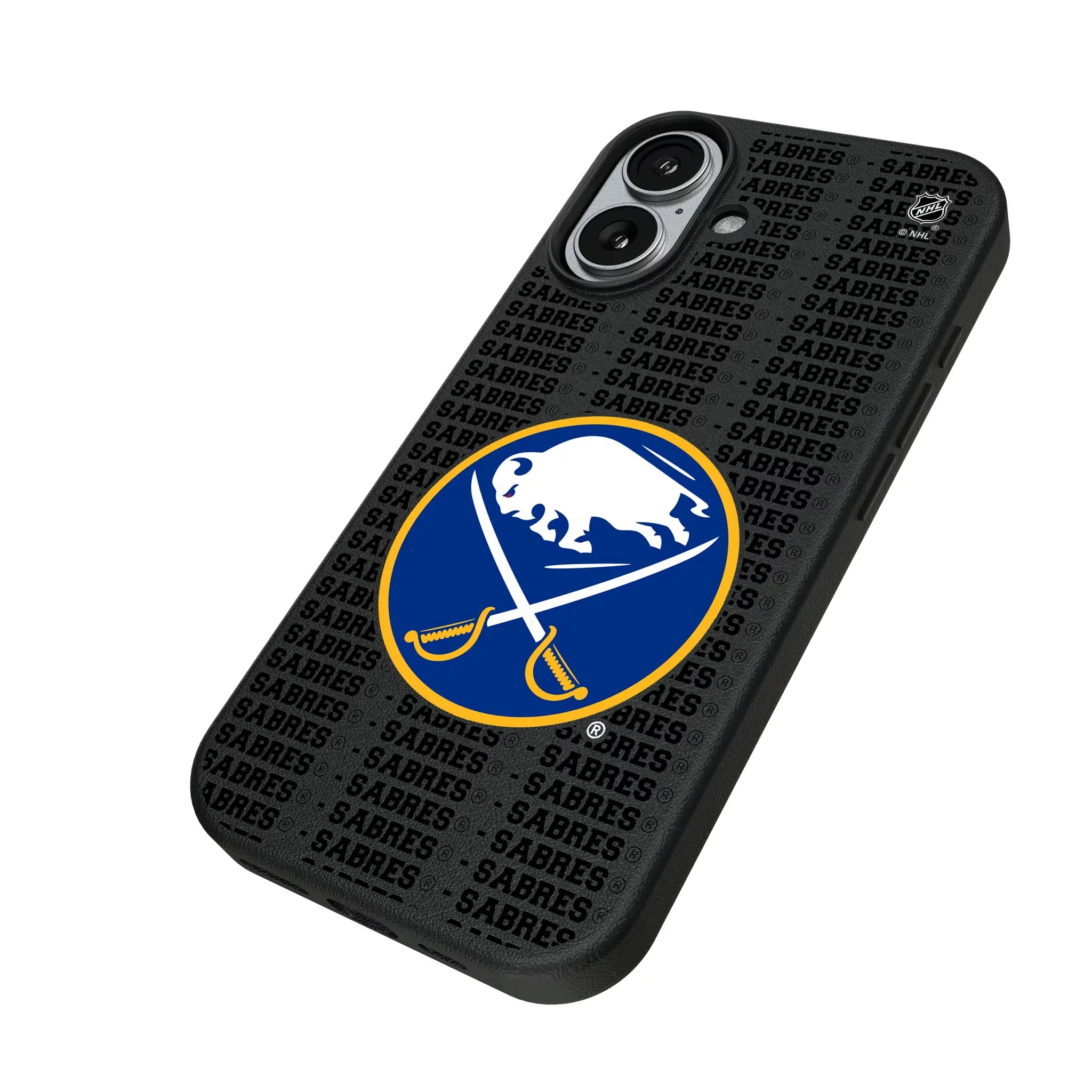 Buffalo Sabres Text Backdrop iPhone MagSafe Compatible Phone Case for Apple iPhone - Isometric View#Device_iPhone 17