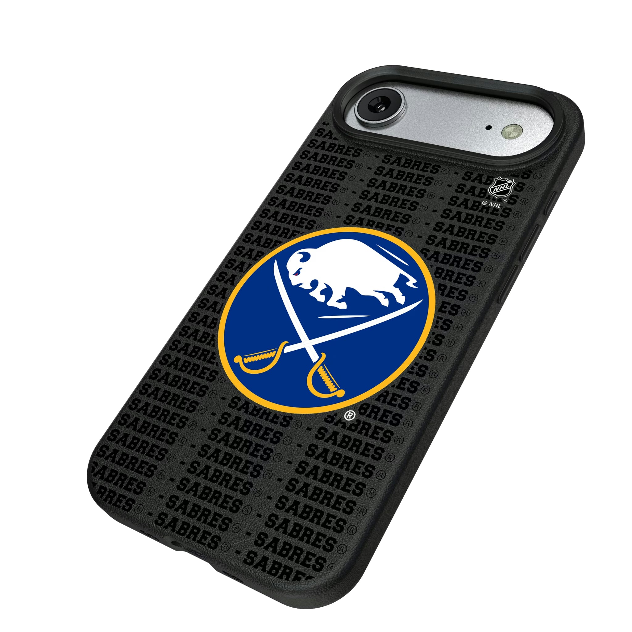 Buffalo Sabres Text Backdrop iPhone MagSafe Compatible Phone Case for Apple iPhone - Isometric View#Device_iPhone Air