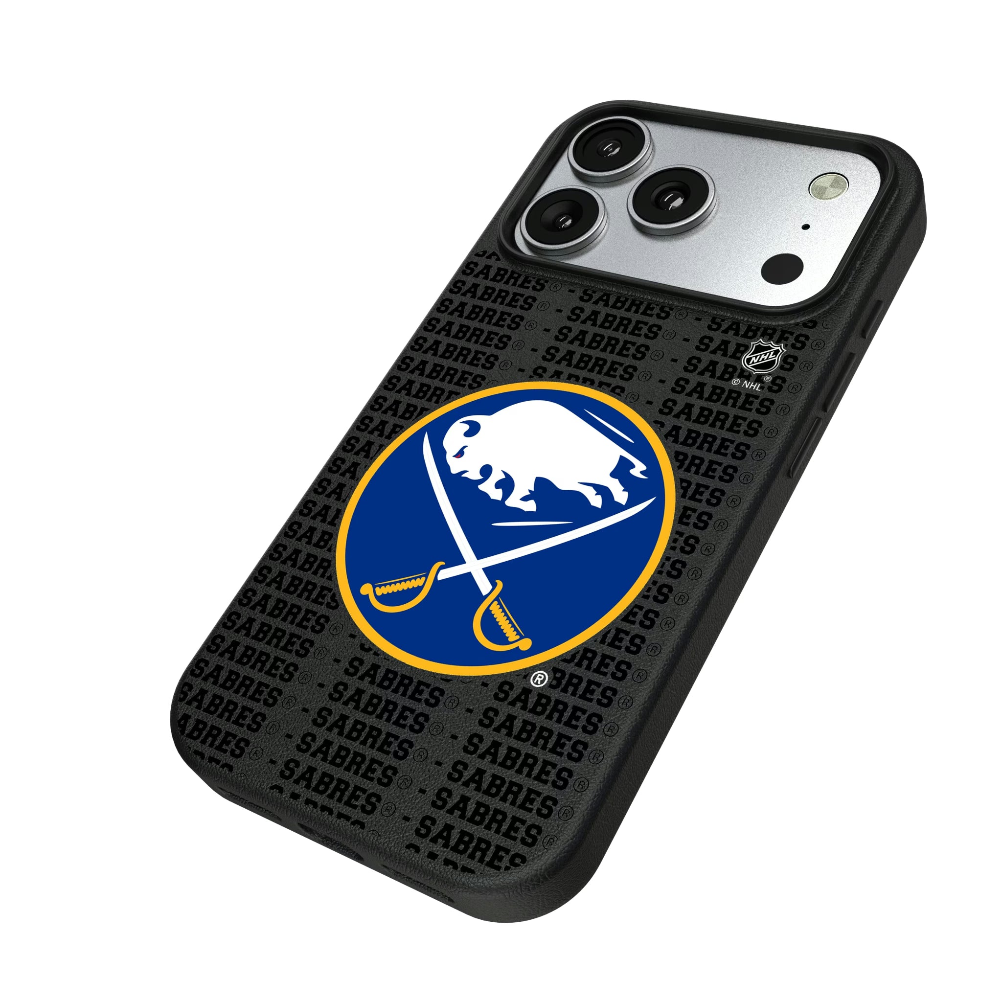 Buffalo Sabres Text Backdrop iPhone MagSafe Compatible Phone Case for Apple iPhone - Isometric View#Device_iPhone 17 Pro