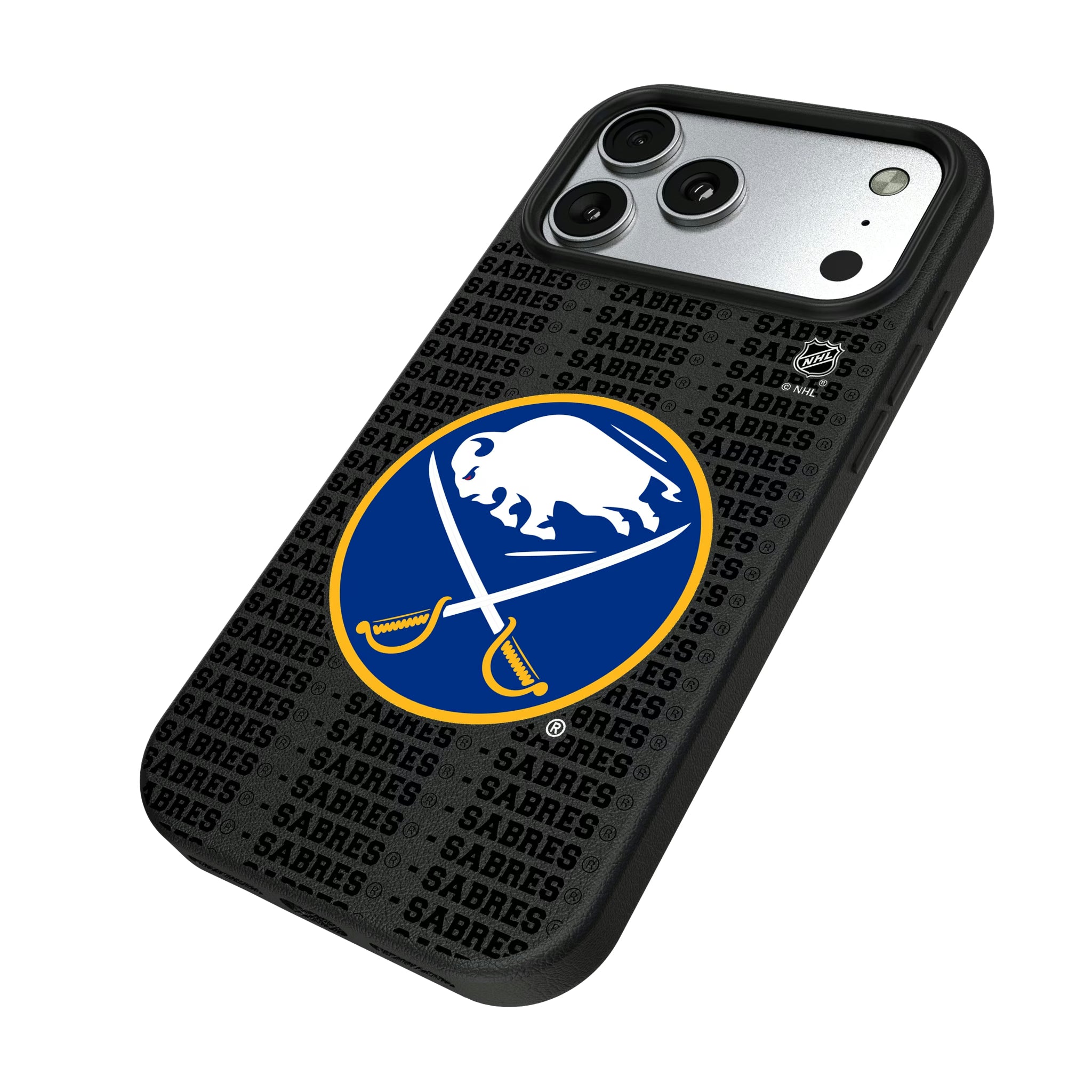 Buffalo Sabres Text Backdrop iPhone MagSafe Compatible Phone Case for Apple iPhone - Isometric View#Device_iPhone 17 Pro Max