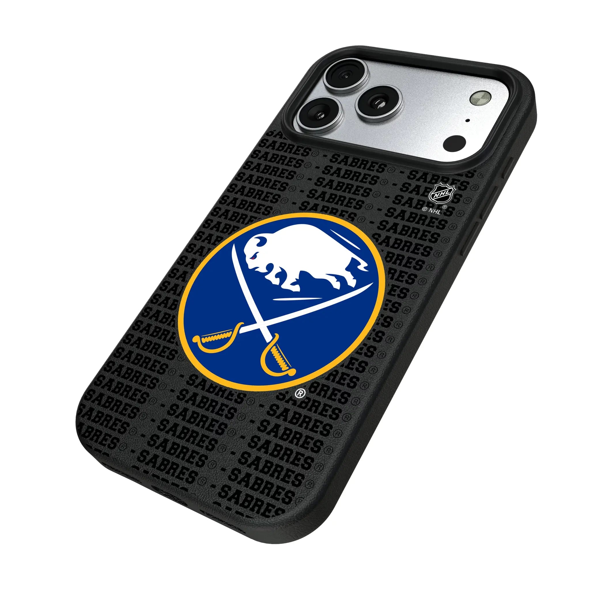 Buffalo Sabres Text Backdrop iPhone MagSafe Compatible Phone Case for Apple iPhone - Isometric View#Device_iPhone 17 Pro Max