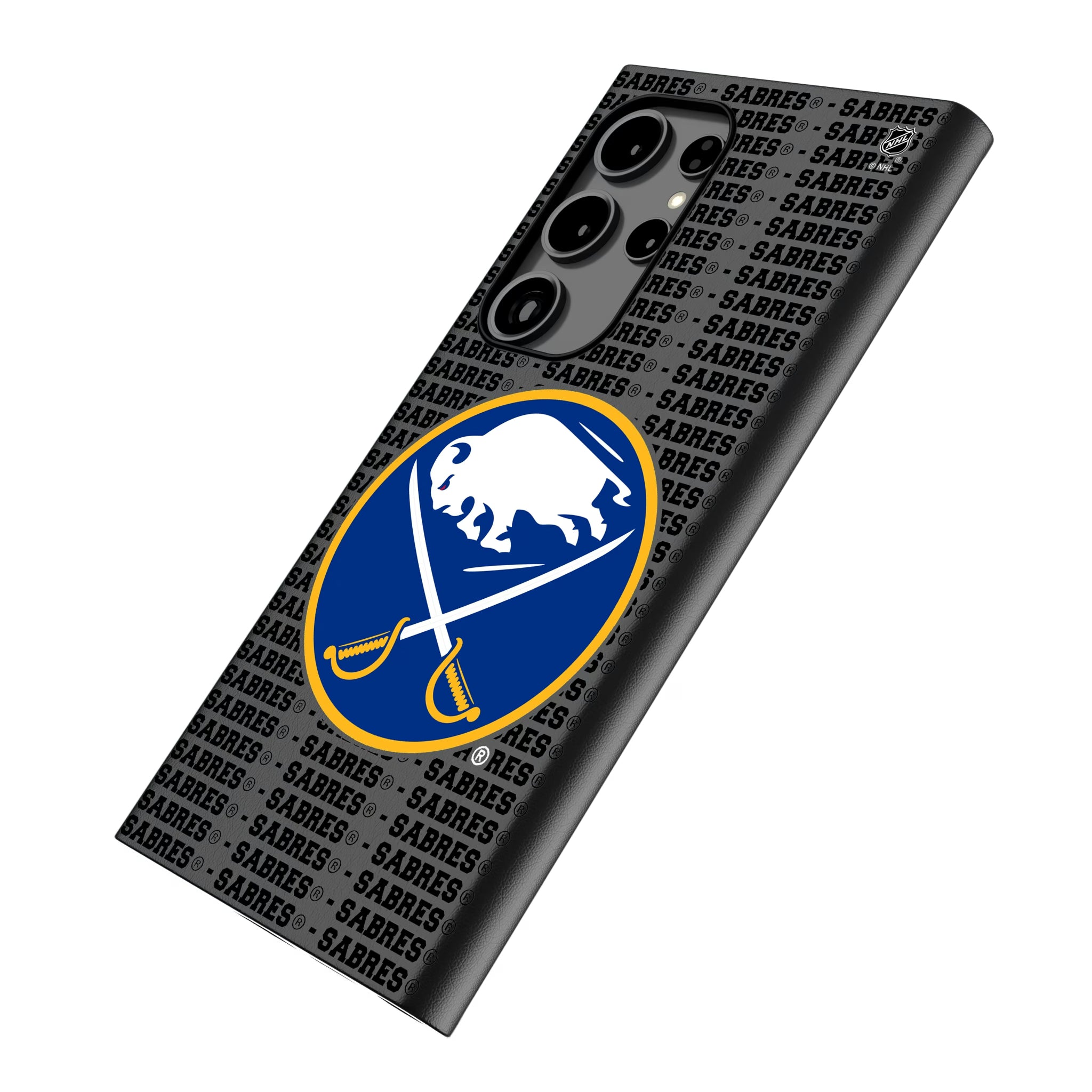 Buffalo Sabres Text Backdrop Galaxy MagSafe Compatible Phone Case for Samsung Galaxy - Isometric View