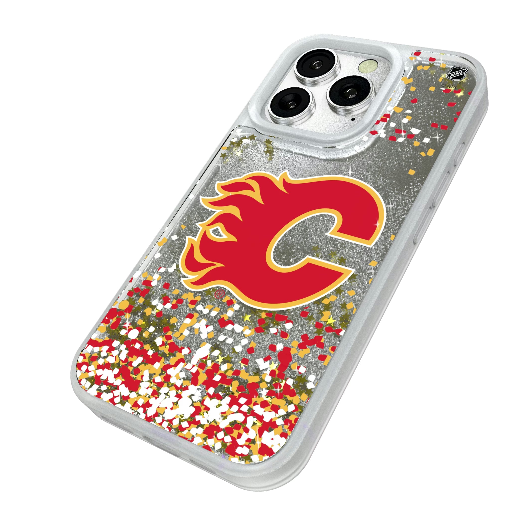 Calgary Flames Confetti iPhone Glitter Phone Case for Apple iPhone - Isometric View#Device_iPhone 16 Pro