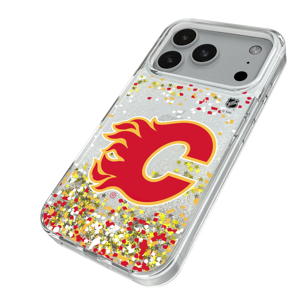 Calgary Flames Confetti iPhone Glitter Phone Case for Apple iPhone - Isometric View#Device_iPhone 18 Pro