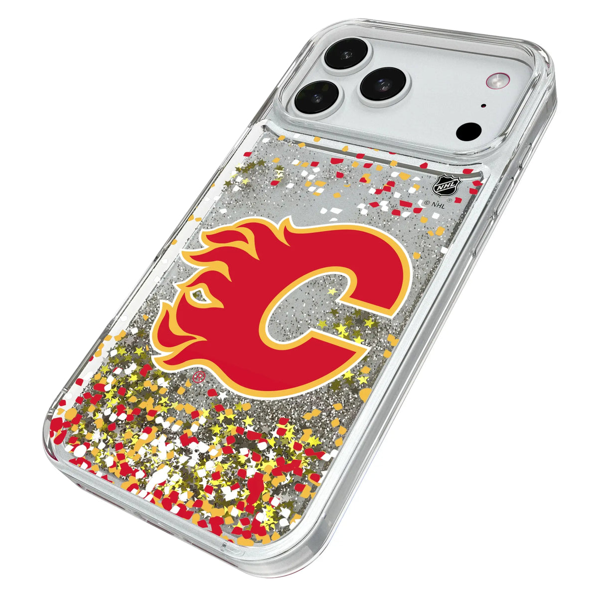 Calgary Flames Confetti iPhone Glitter Phone Case for Apple iPhone - Isometric View#Device_iPhone 18 Pro Max