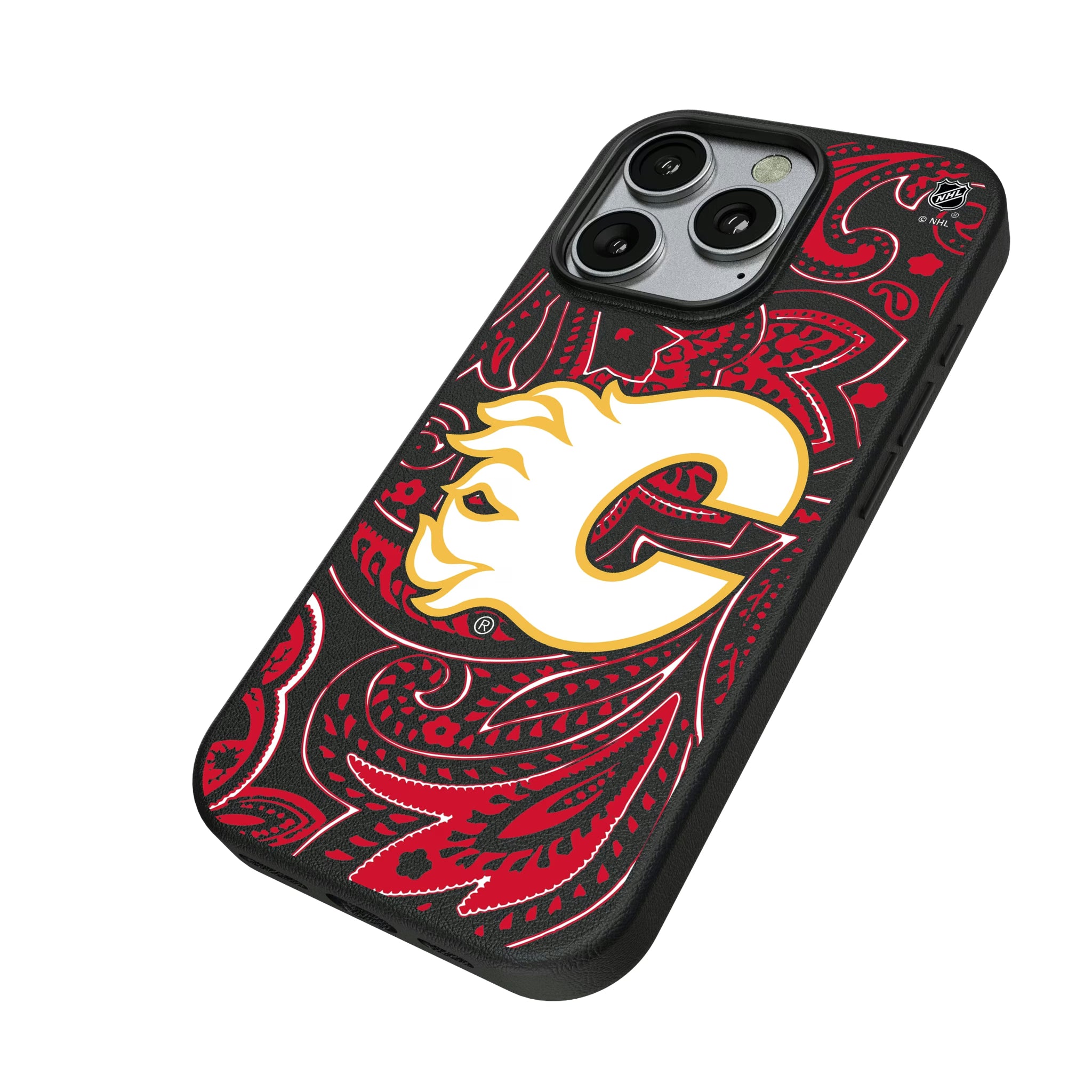 Calgary Flames Paisley iPhone MagSafe Compatible Phone Case for Apple iPhone - Isometric View