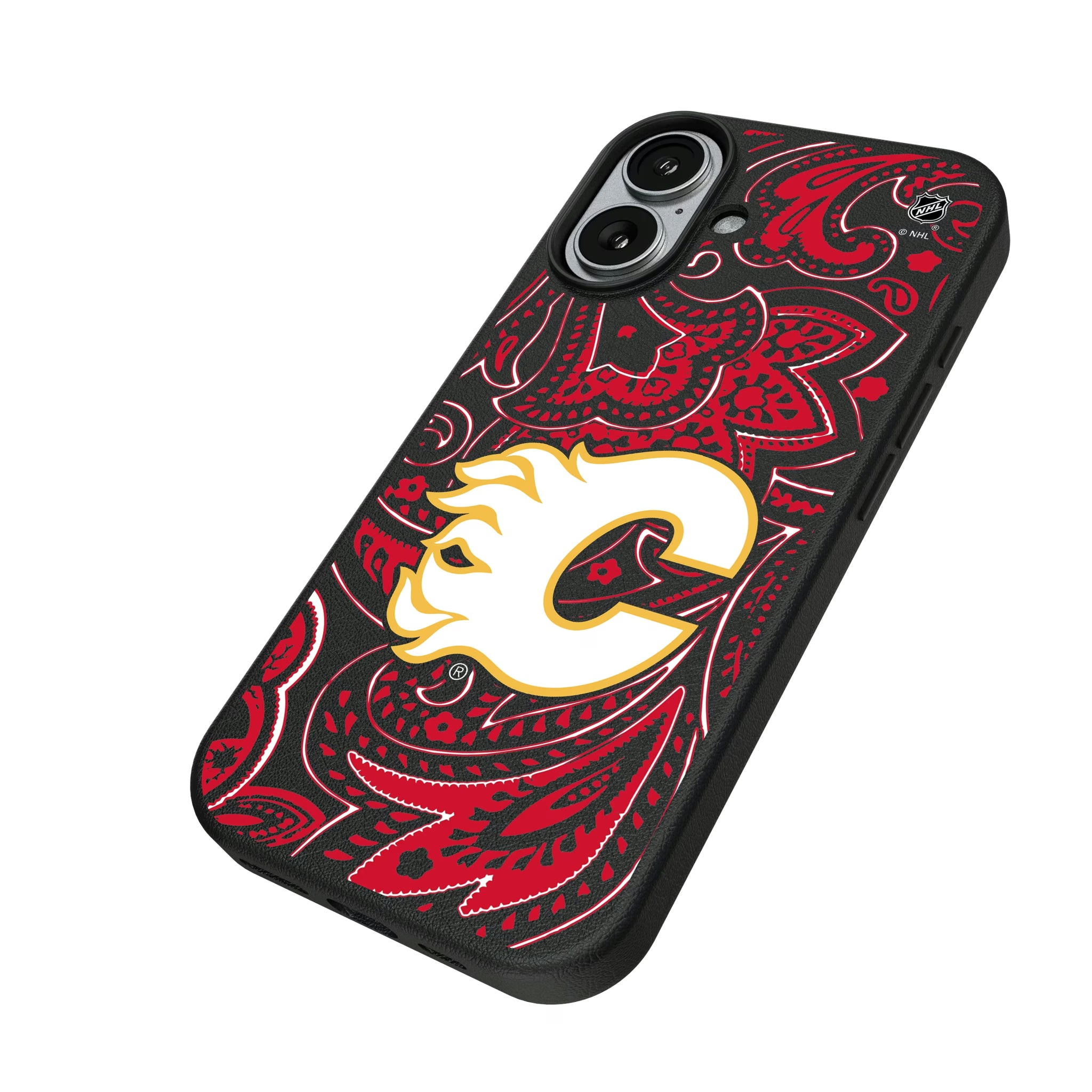 Calgary Flames Paisley iPhone MagSafe Compatible Phone Case for Apple iPhone - Isometric View#Device_iPhone 17