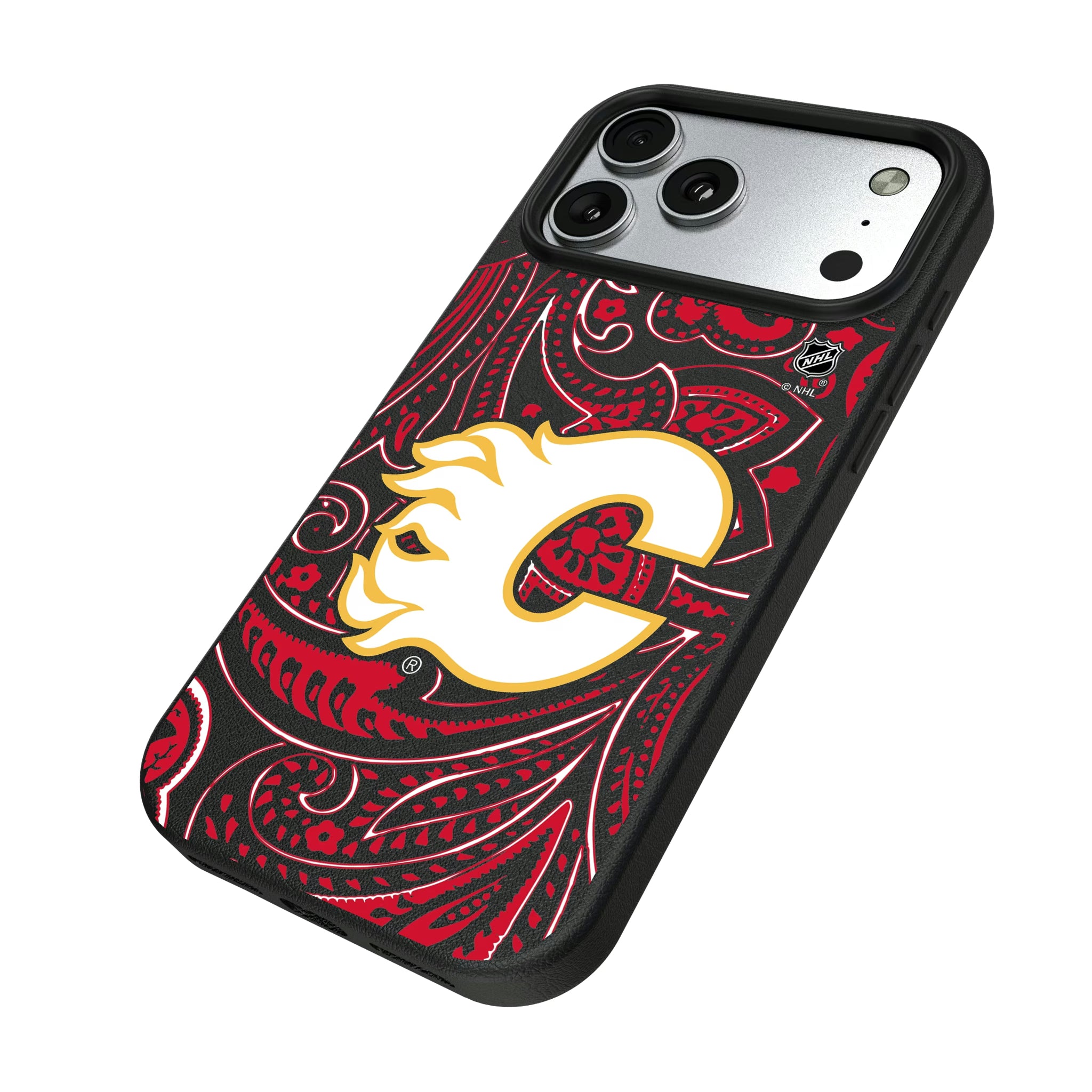 Calgary Flames Paisley iPhone MagSafe Compatible Phone Case for Apple iPhone - Isometric View#Device_iPhone 17 Pro Max