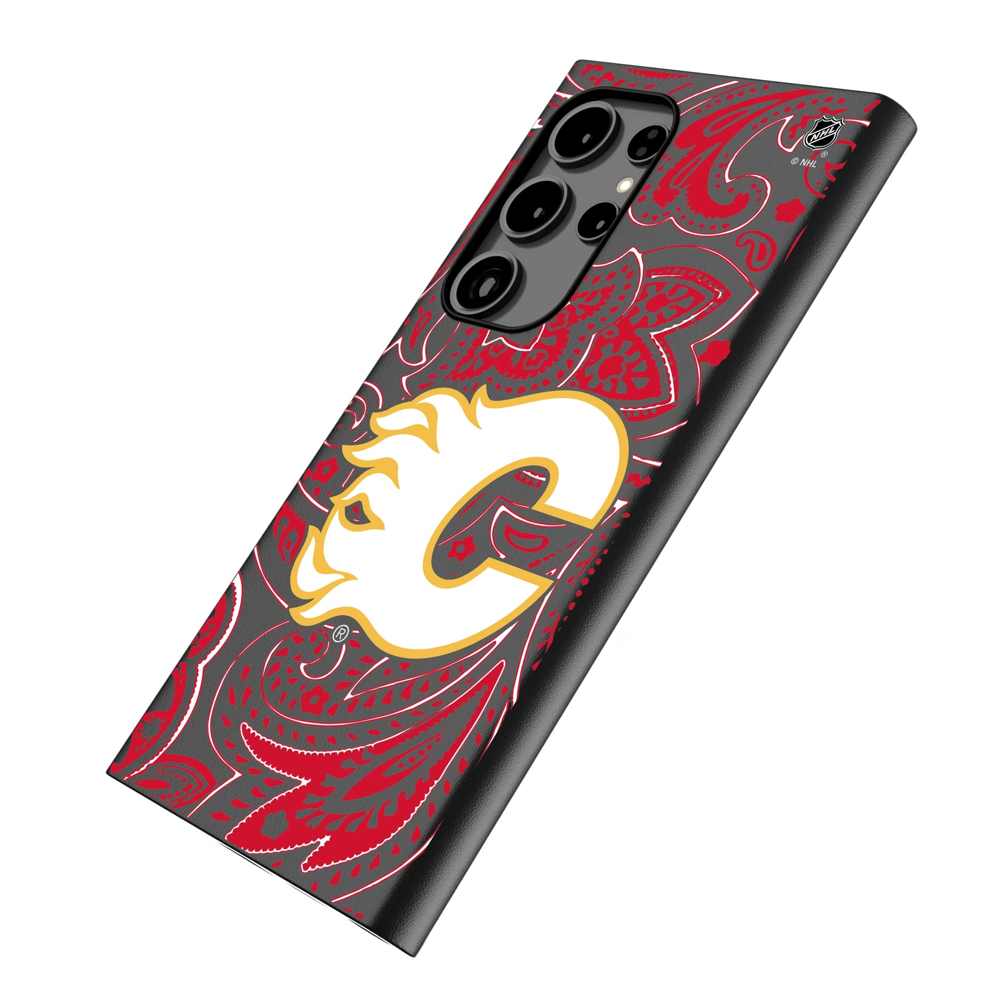 Calgary Flames Paisley Galaxy MagSafe Compatible Phone Case for Samsung Galaxy - Isometric View