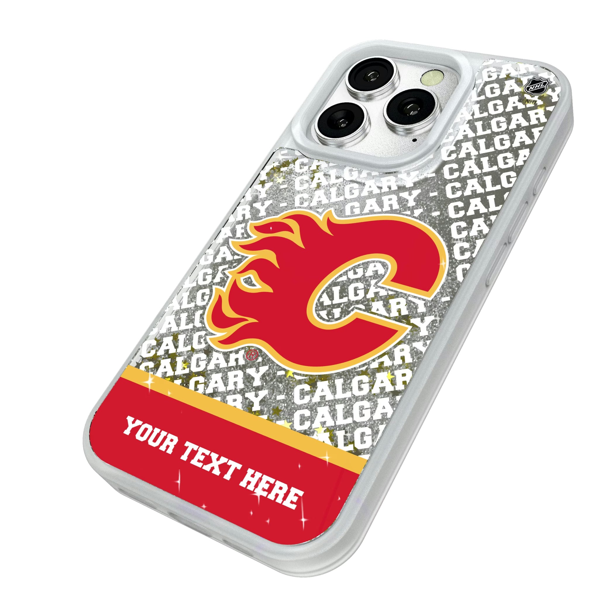 Calgary Flames Personalized EndZone Plus iPhone Glitter Phone Case for Apple iPhone - Isometric View#Device_iPhone 16 Pro