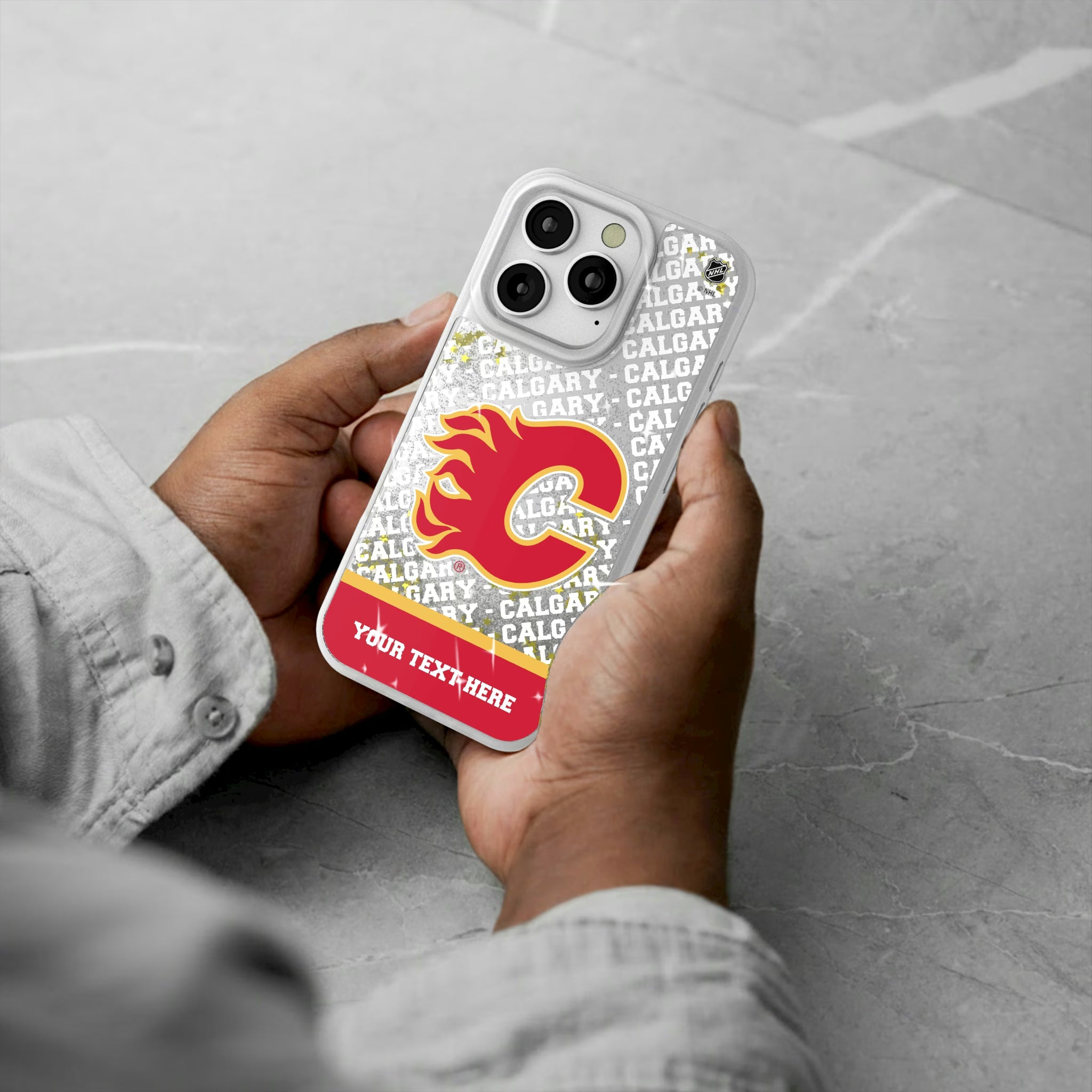 Calgary Flames Personalized EndZone Plus iPhone Glitter Phone Case for Apple iPhone - Lifestyle#Device_iPhone 16 Pro