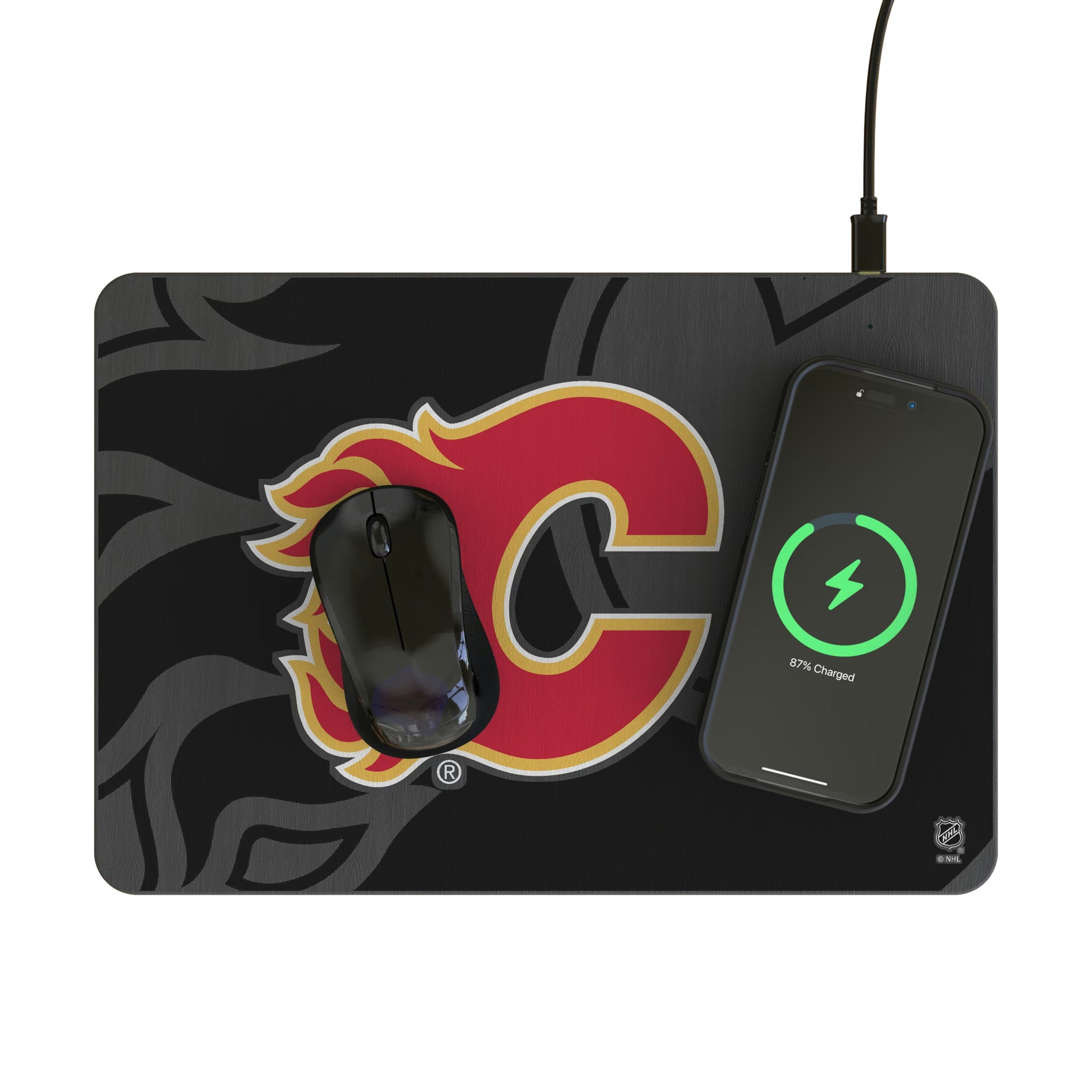 Calgary Flames Personalized Tilt 15-Watt Wireless Charger and Mouse Pad - Lifestyle