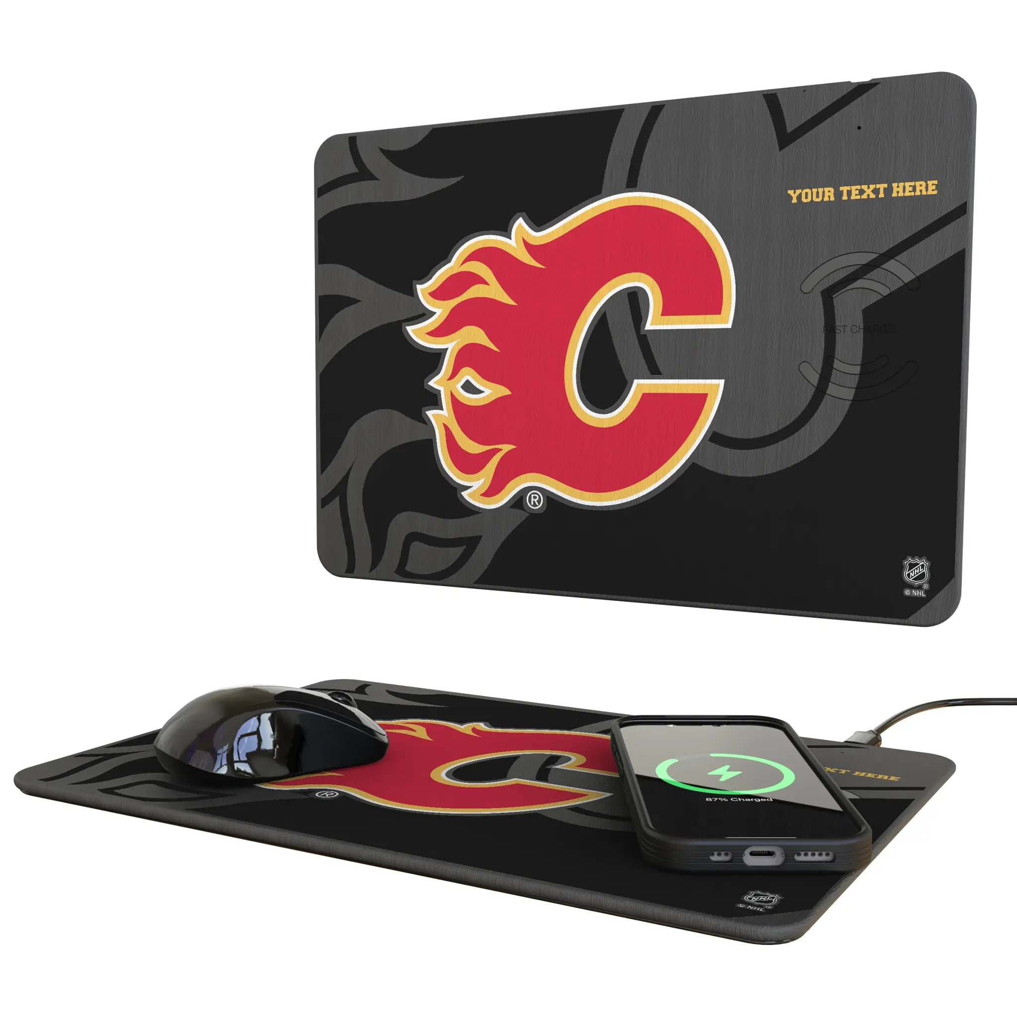 Calgary Flames Personalized Tilt 15-Watt Wireless Charger and Mouse Pad