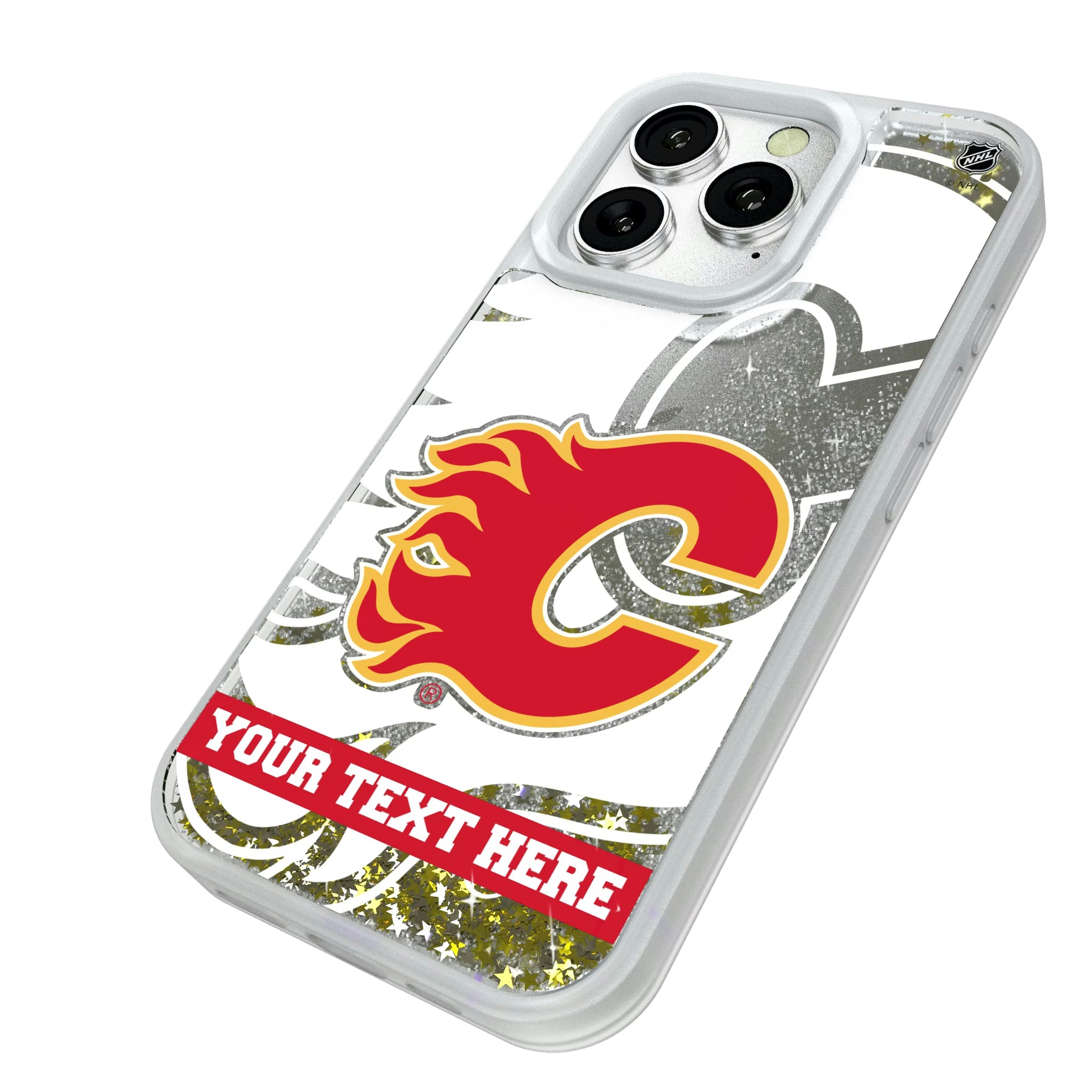 Calgary Flames Personalized Tilt iPhone Glitter Phone Case for Apple iPhone - Isometric View#Device_iPhone 16 Pro