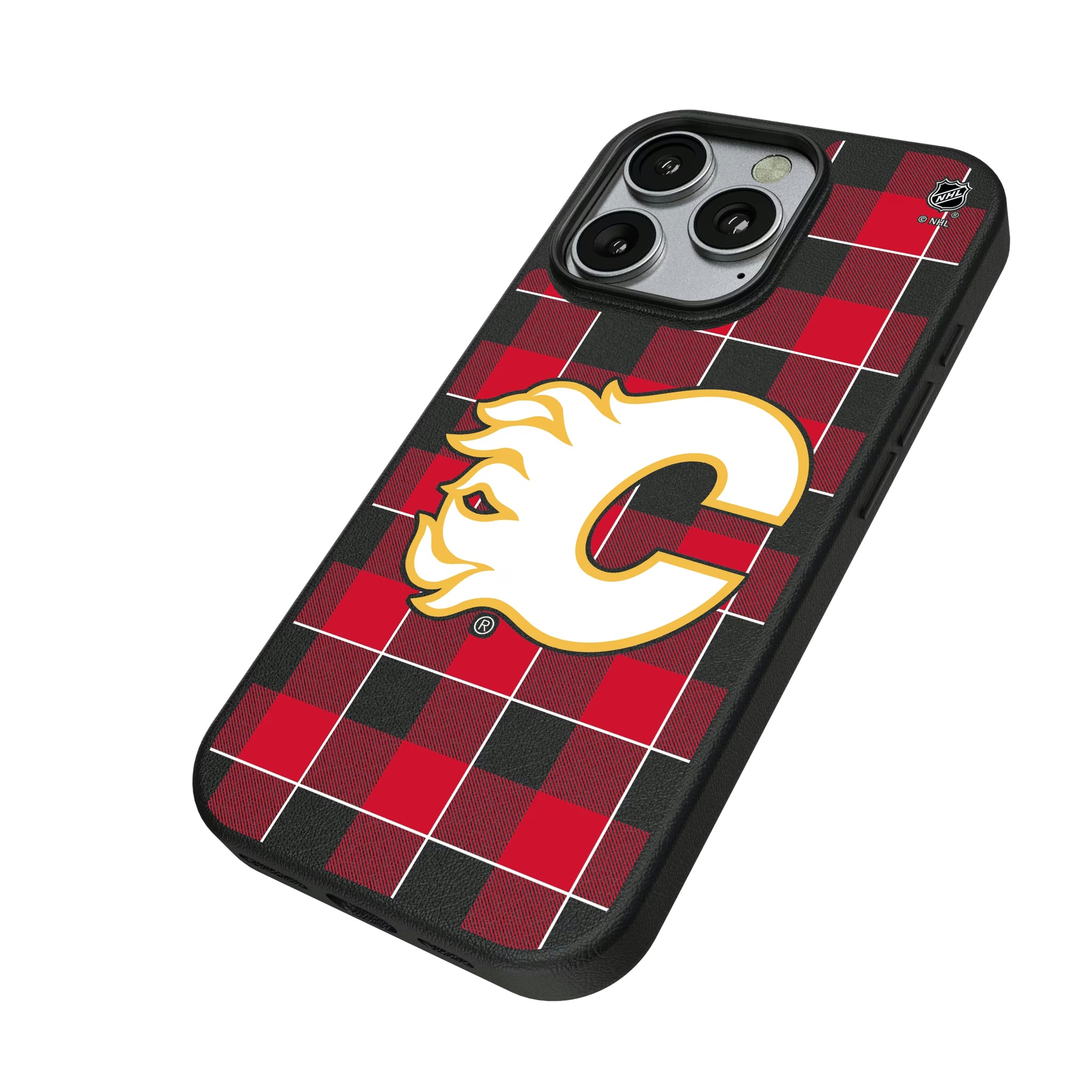 Calgary Flames Plaid iPhone MagSafe Compatible Phone Case for Apple iPhone - Isometric View