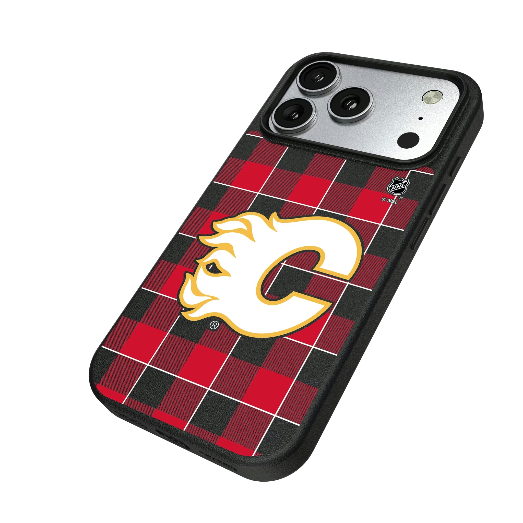 Calgary Flames Plaid iPhone MagSafe Compatible Phone Case for Apple iPhone - Isometric View#Device_iPhone 17 Pro
