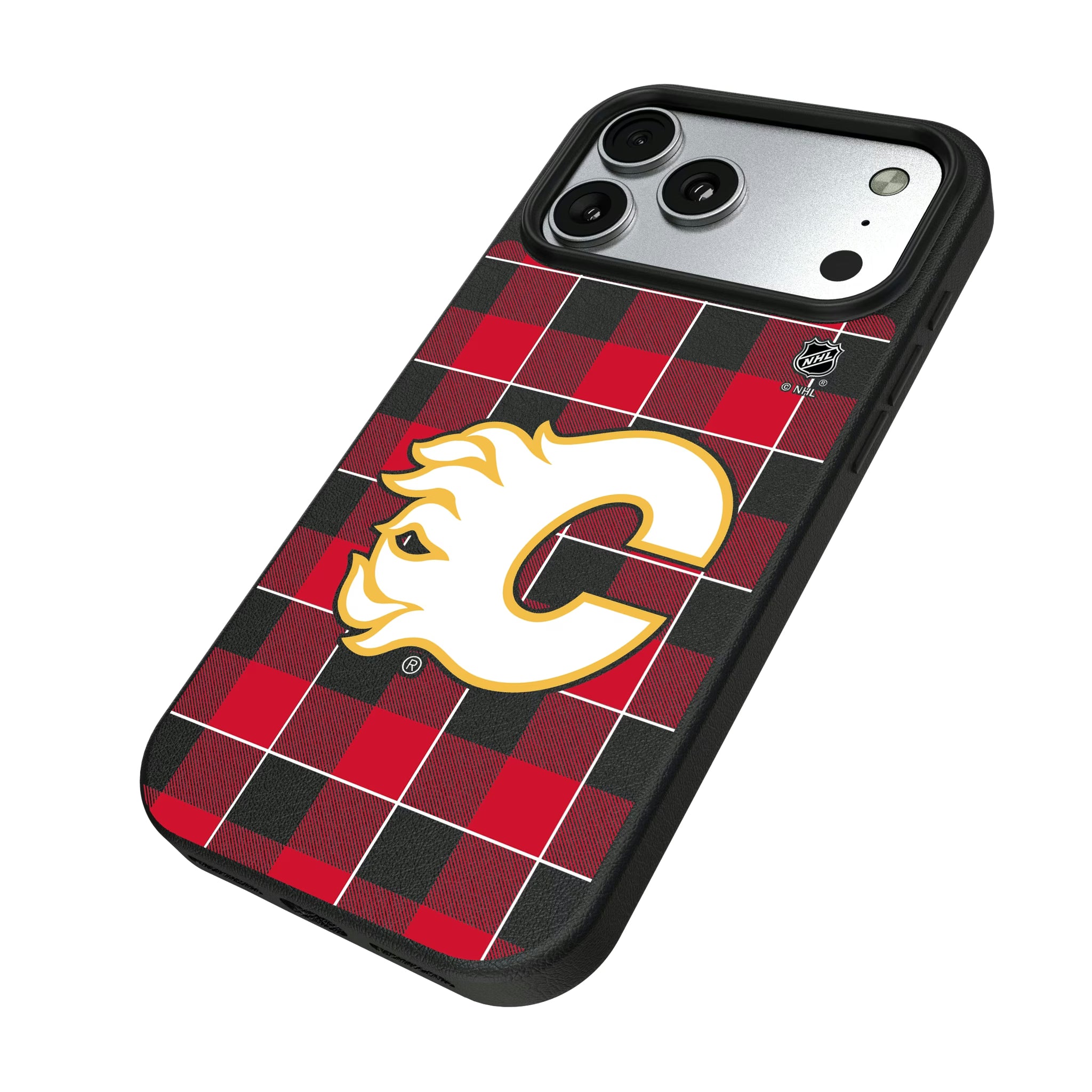 Calgary Flames Plaid iPhone MagSafe Compatible Phone Case for Apple iPhone - Isometric View#Device_iPhone 17 Pro Max