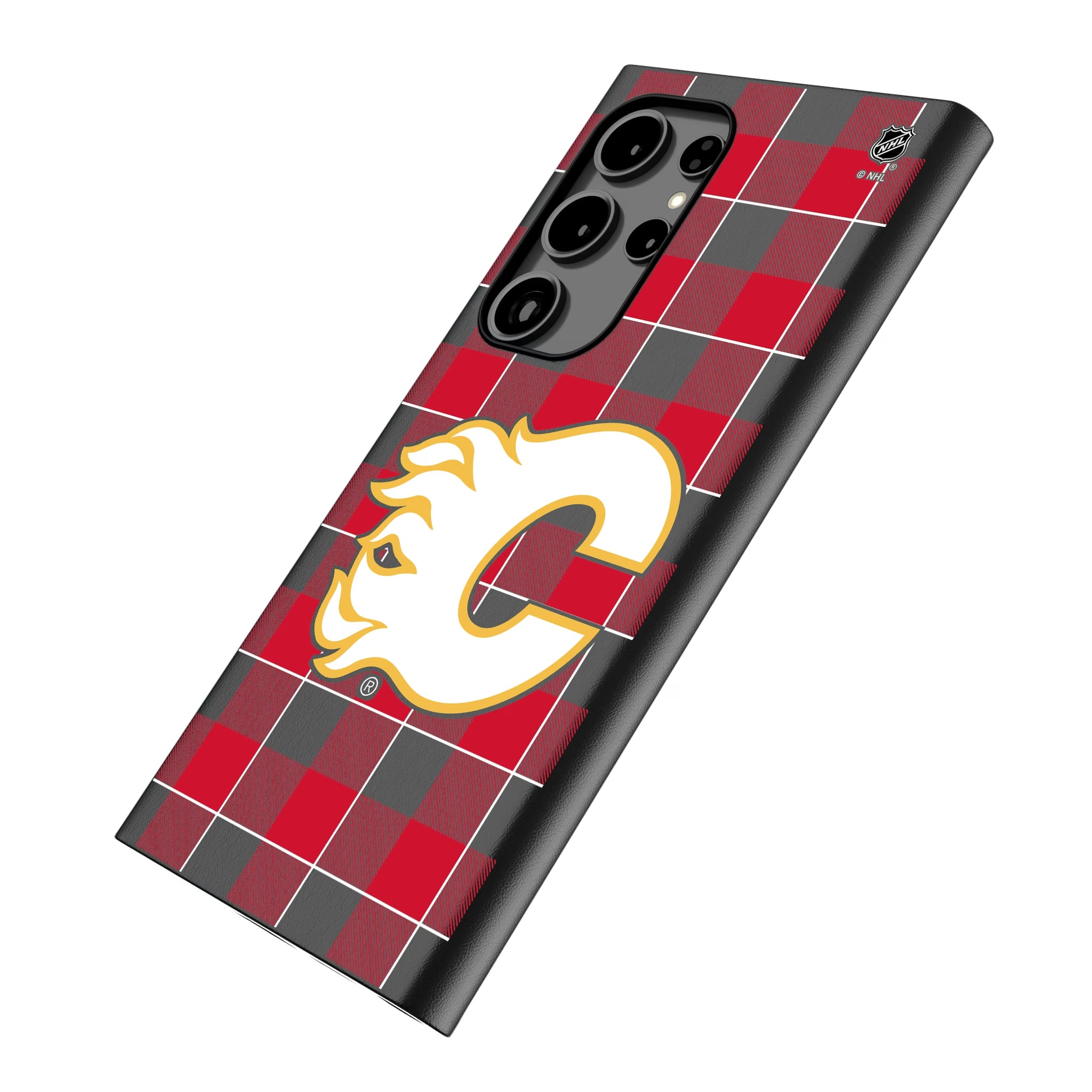 Calgary Flames Plaid Galaxy MagSafe Compatible Phone Case for Samsung Galaxy - Isometric View