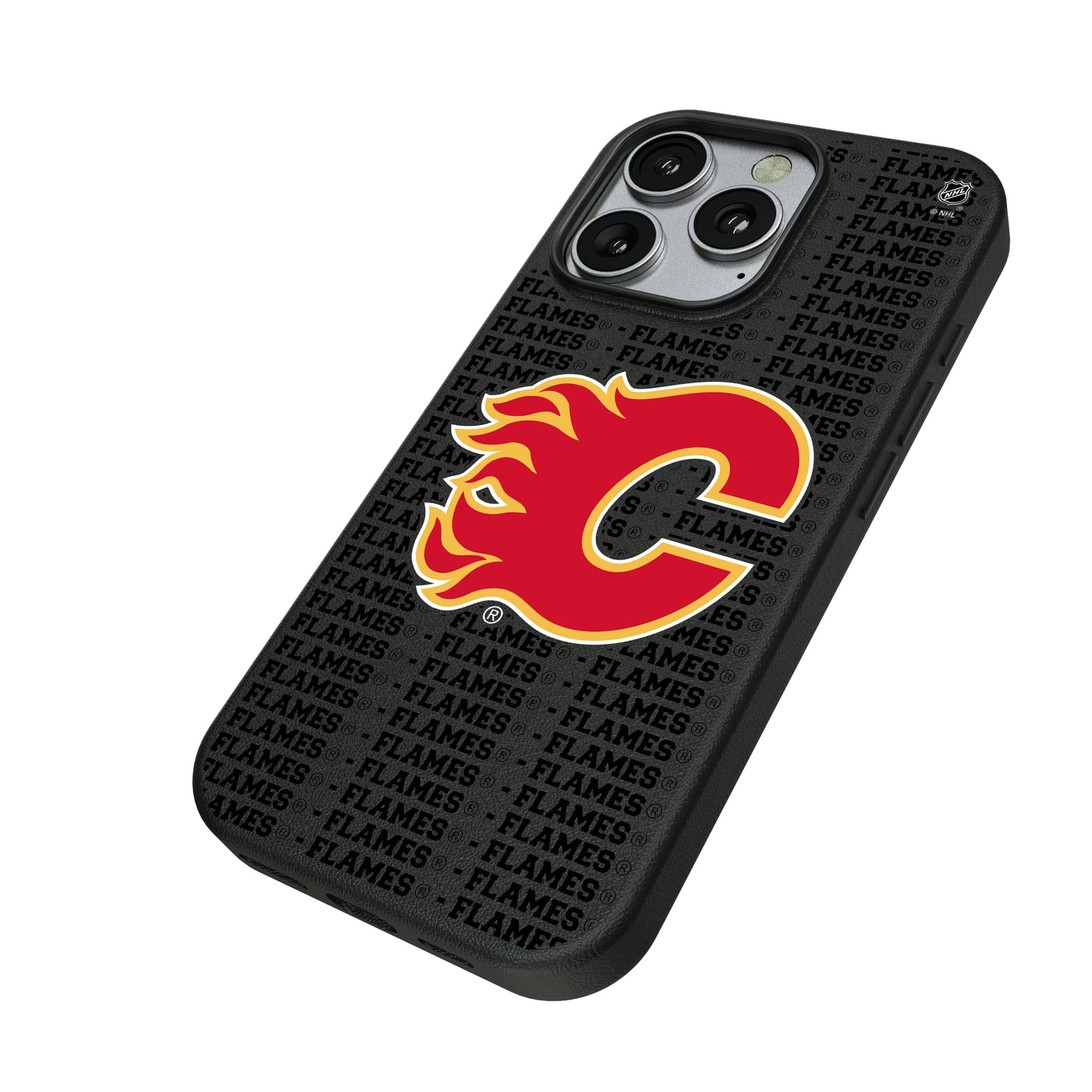 Calgary Flames Text Backdrop iPhone MagSafe Compatible Phone Case for Apple iPhone - Isometric View