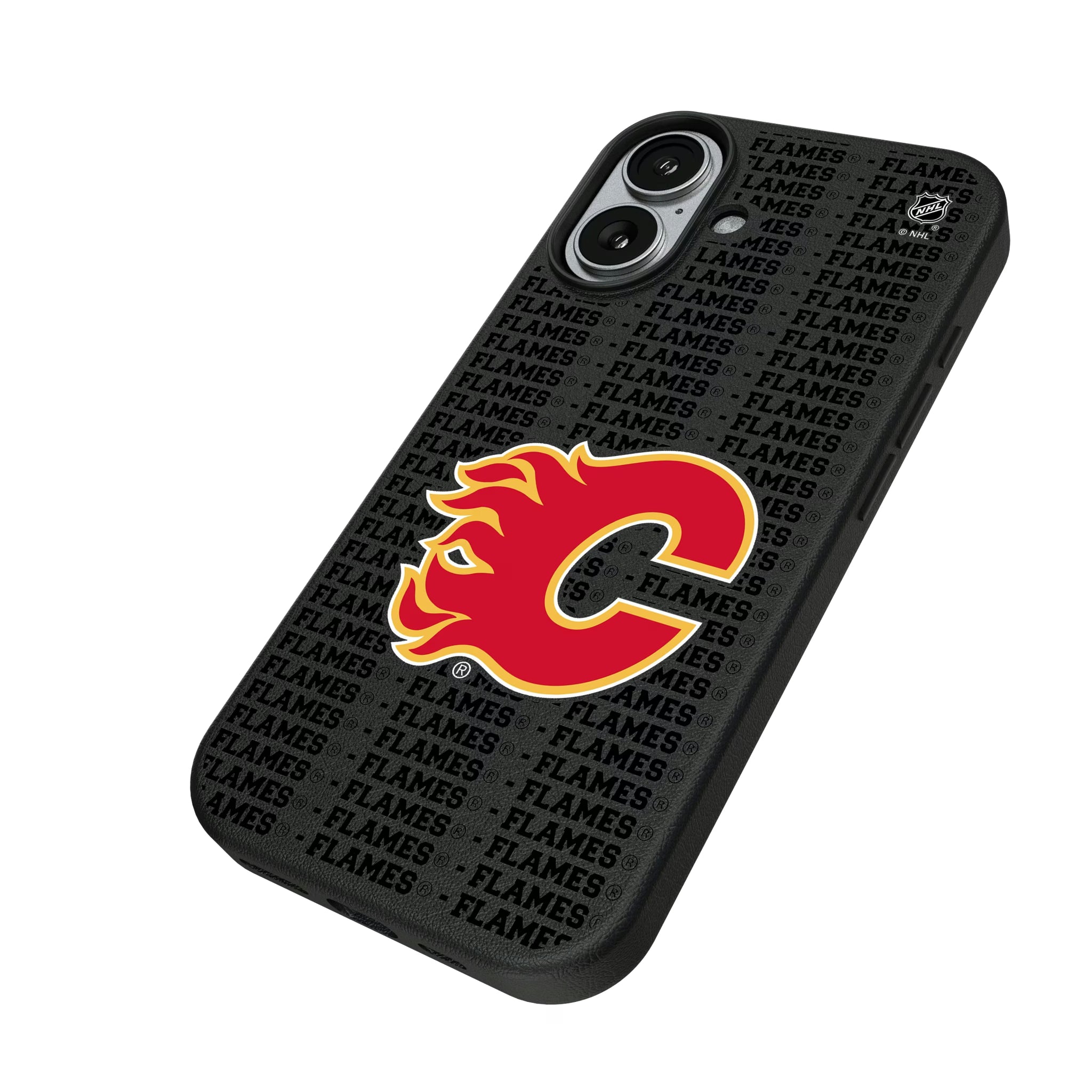 Calgary Flames Text Backdrop iPhone MagSafe Compatible Phone Case for Apple iPhone - Isometric View#Device_iPhone 17