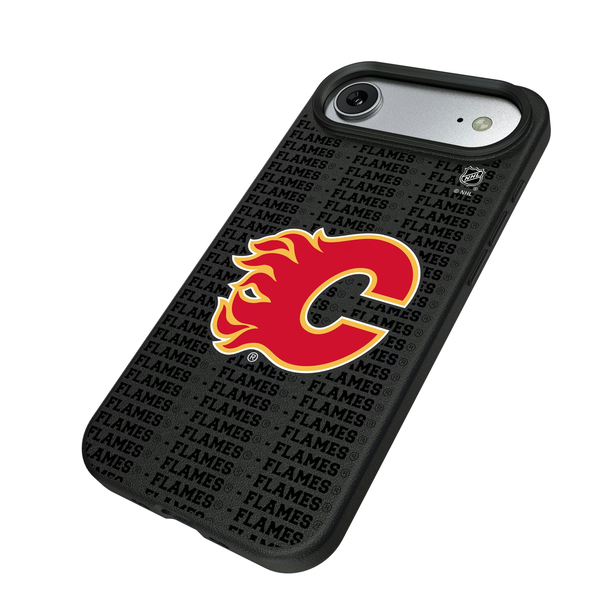 Calgary Flames Text Backdrop iPhone MagSafe Compatible Phone Case for Apple iPhone - Isometric View#Device_iPhone Air