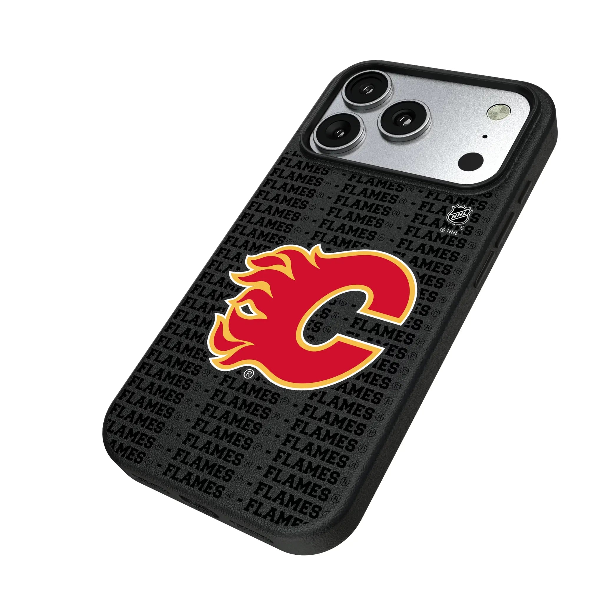 Calgary Flames Text Backdrop iPhone MagSafe Compatible Phone Case for Apple iPhone - Isometric View#Device_iPhone 17 Pro