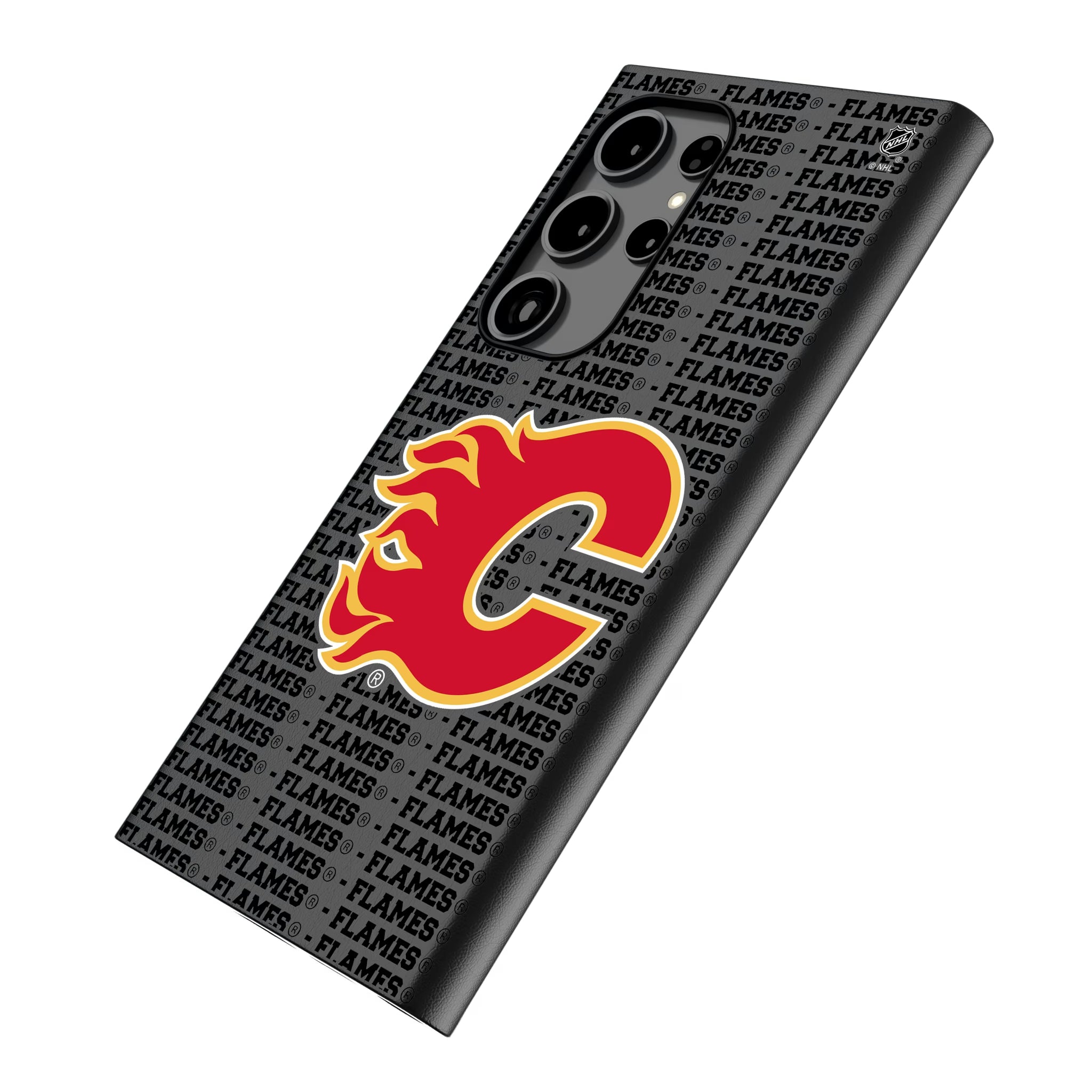 Calgary Flames Text Backdrop Galaxy MagSafe Compatible Phone Case for Samsung Galaxy - Isometric View